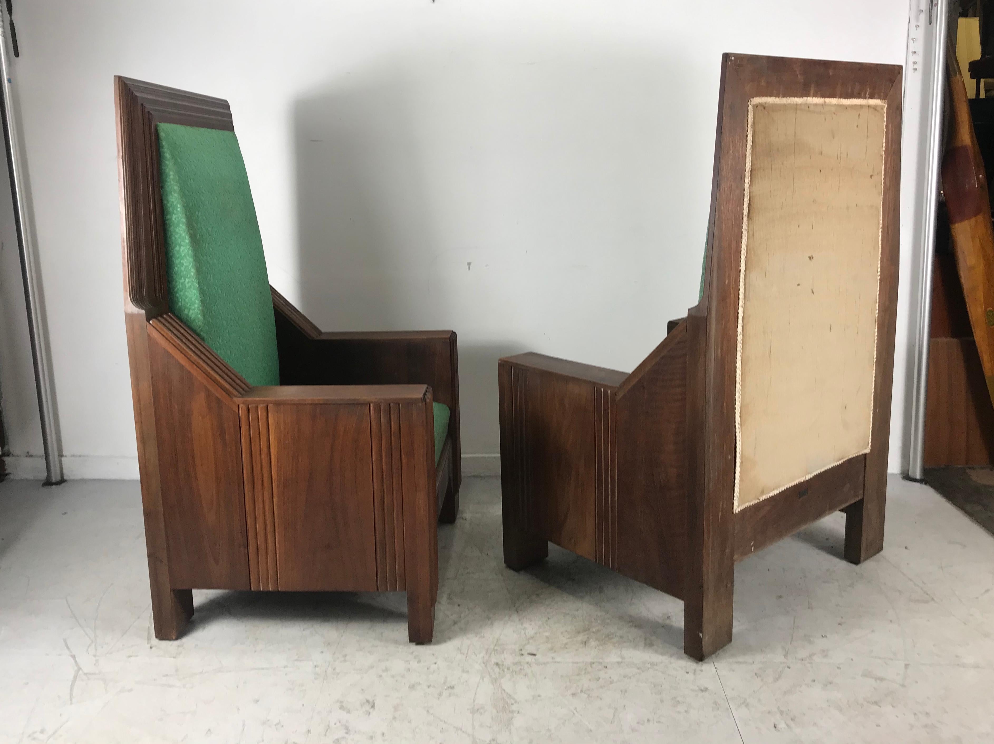 Monumental Art Deco throne chairs, manufactured by The Henderson Ames Co. amazing design! Wonderful scale and proportion. I believe these to be out of an odd fellows or Masonic temple, superior quality and construction, solid walnut. Retains green