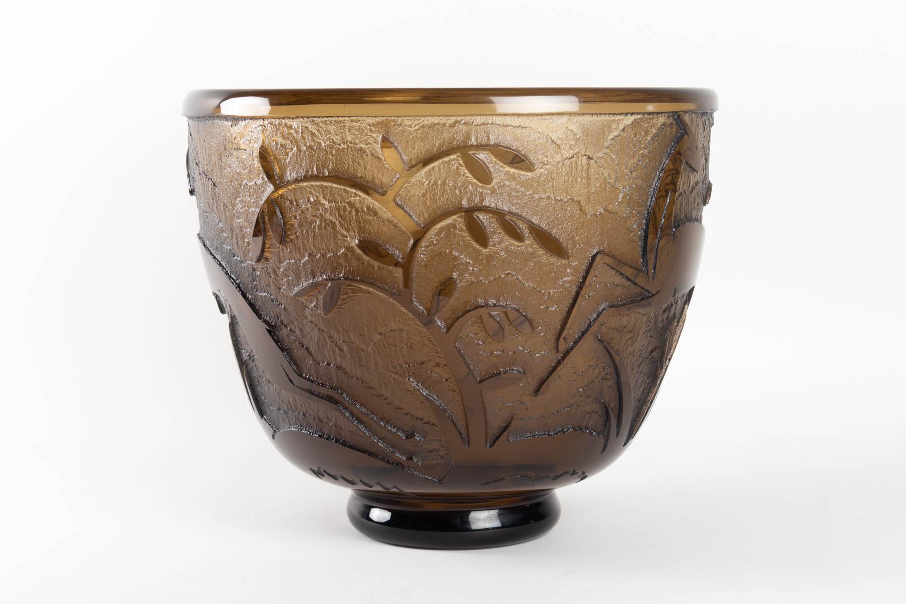 Molded Monumental Art Deco Topaz Acid Etched Glass Daum Vase Antelopes in Foliage