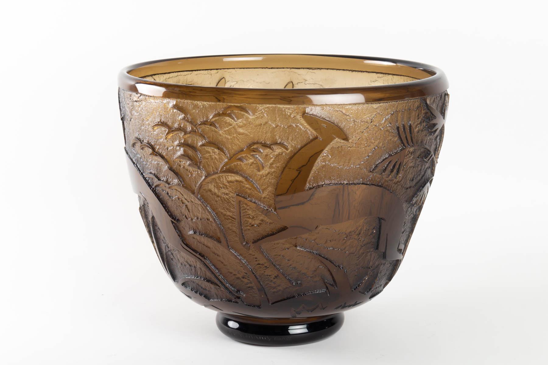 Mid-20th Century Monumental Art Deco Topaz Acid Etched Glass Daum Vase Antelopes in Foliage