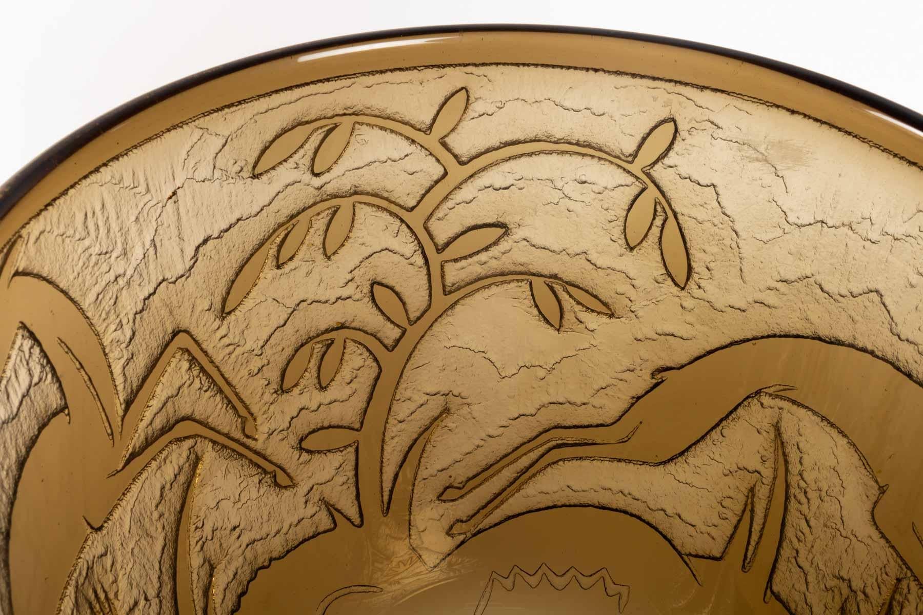 Monumental Art Deco Topaz Acid Etched Glass Daum Vase Antelopes in Foliage 1