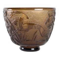 Monumental Art Deco Topaz Acid Etched Glass Daum Vase Antelopes in Foliage