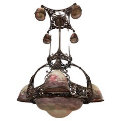 Monumental Art Deco Two-Tiers Chandelier, Wrought Iron & Glass Muller Freres