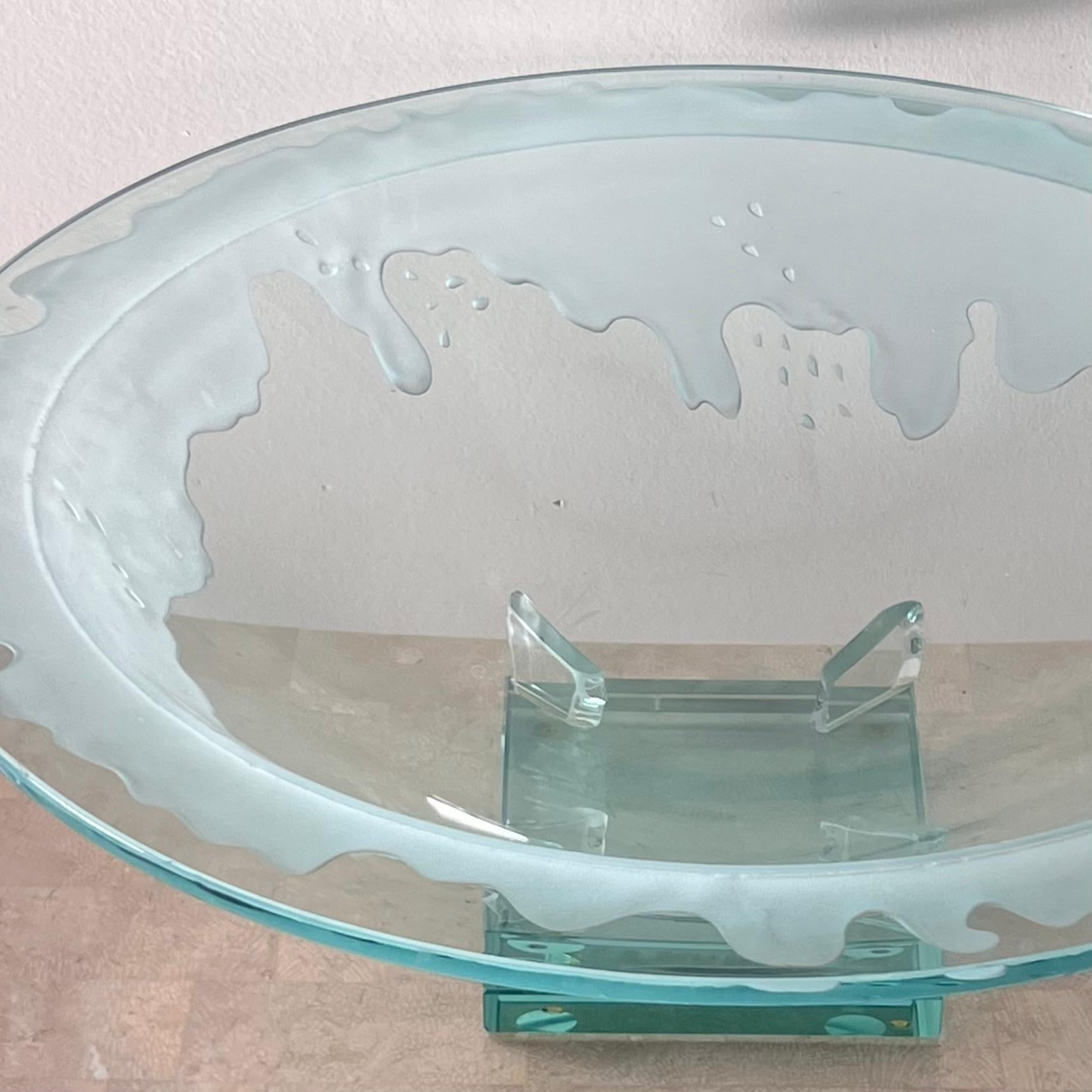 20th Century Monumental art glass platter with frosted motif, on plinth, late 20th century For Sale