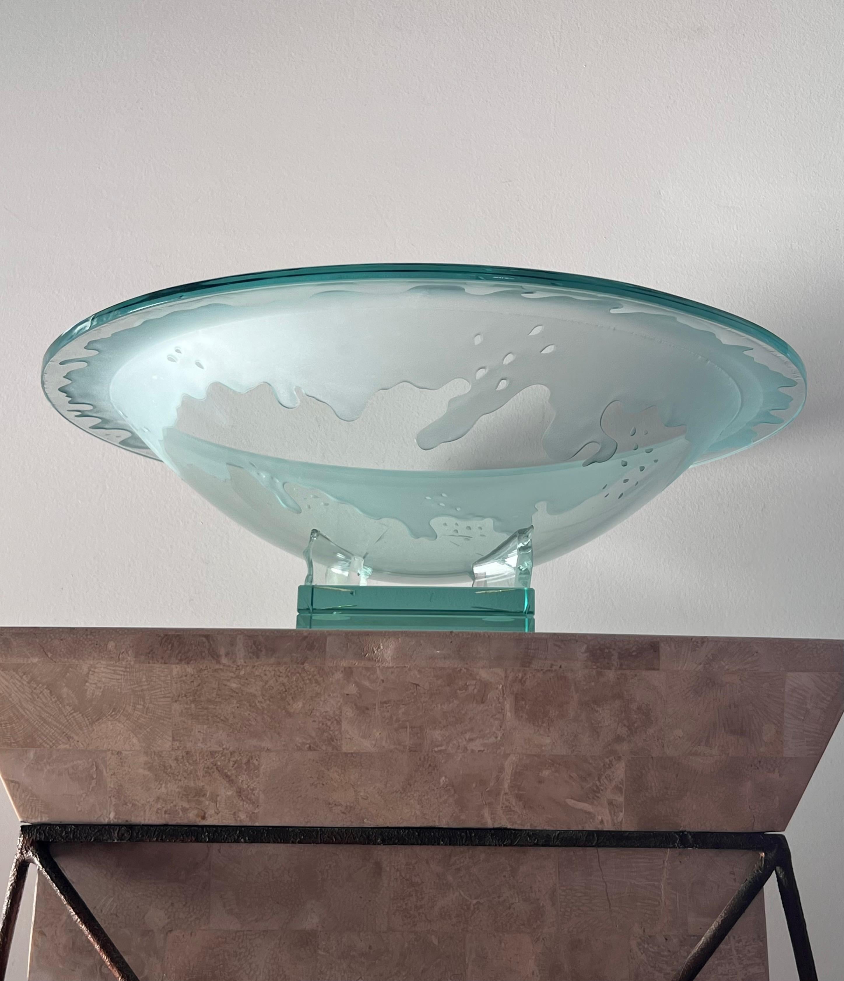 Art Glass Monumental art glass platter with frosted motif, on plinth, late 20th century For Sale