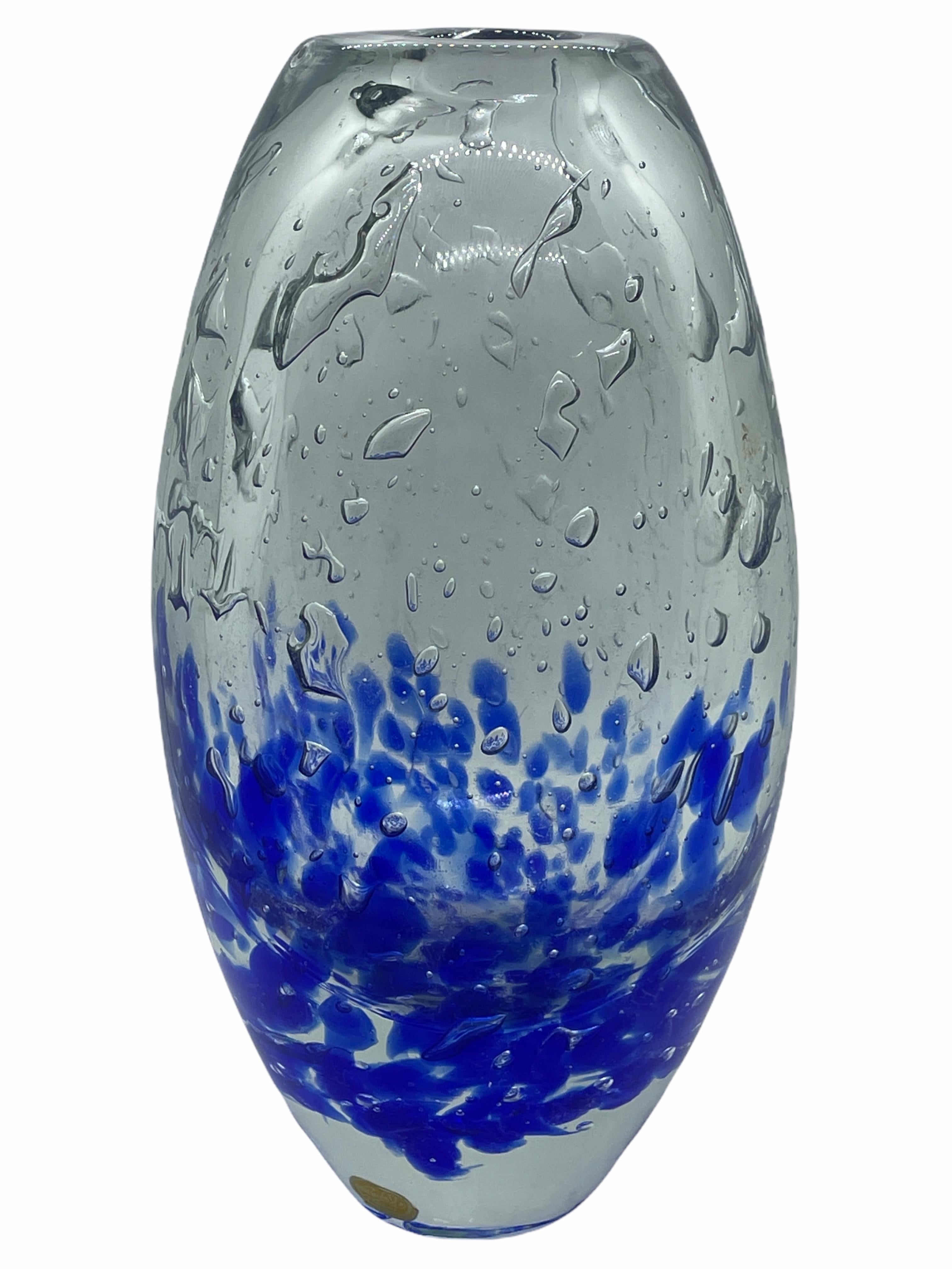 Beautiful hand blown Czechoslovakia art glass vase. Created by Bohemian glass. Clear glass with lots of Bubbles inside. Nice blue flakes. A beautiful piece of art for any room. Marked at the vase with a label.