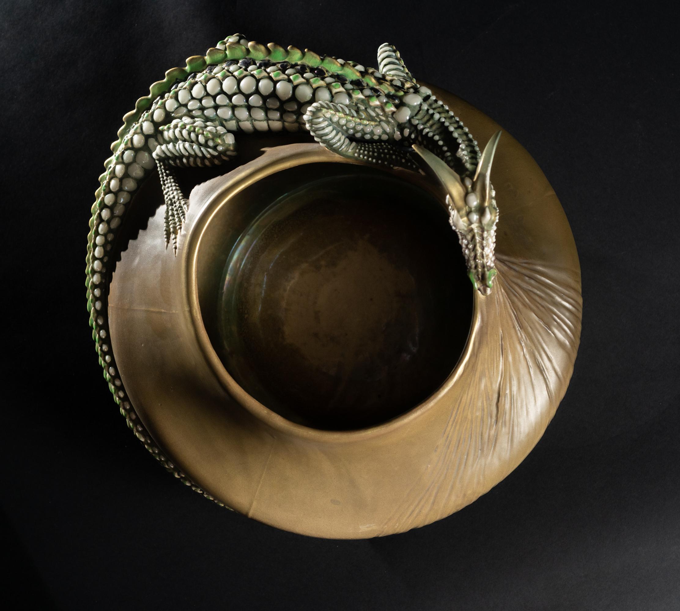Monumental Amphora Art Nouveau Bowl w/Saurian by Eduard Stellmacher & Co. For Sale 7