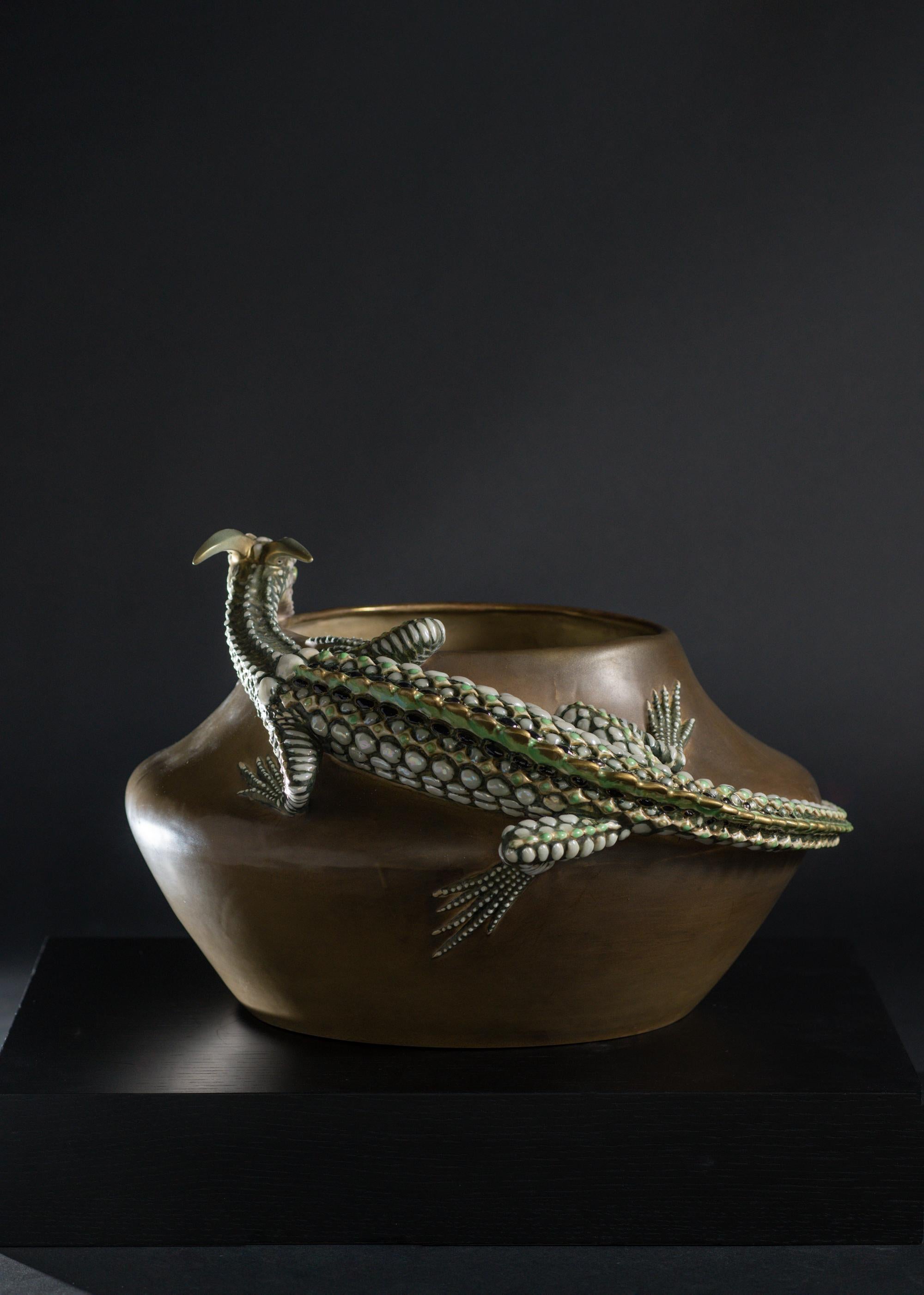 Austrian Monumental Amphora Art Nouveau Bowl w/Saurian by Eduard Stellmacher & Co. For Sale