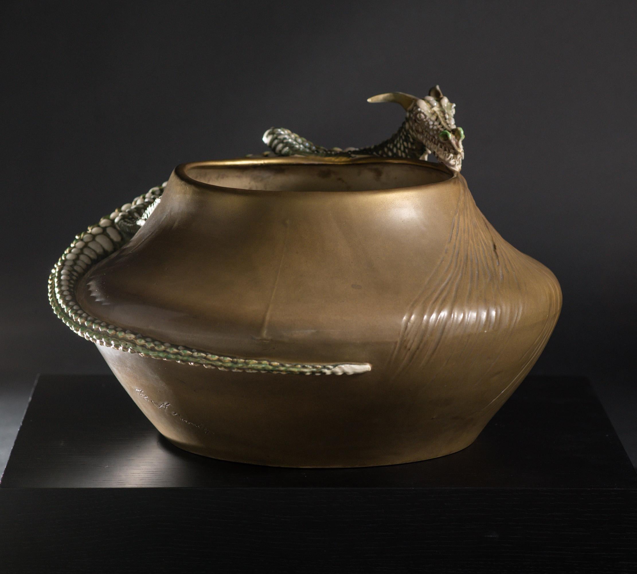 Glazed Monumental Amphora Art Nouveau Bowl w/Saurian by Eduard Stellmacher & Co. For Sale