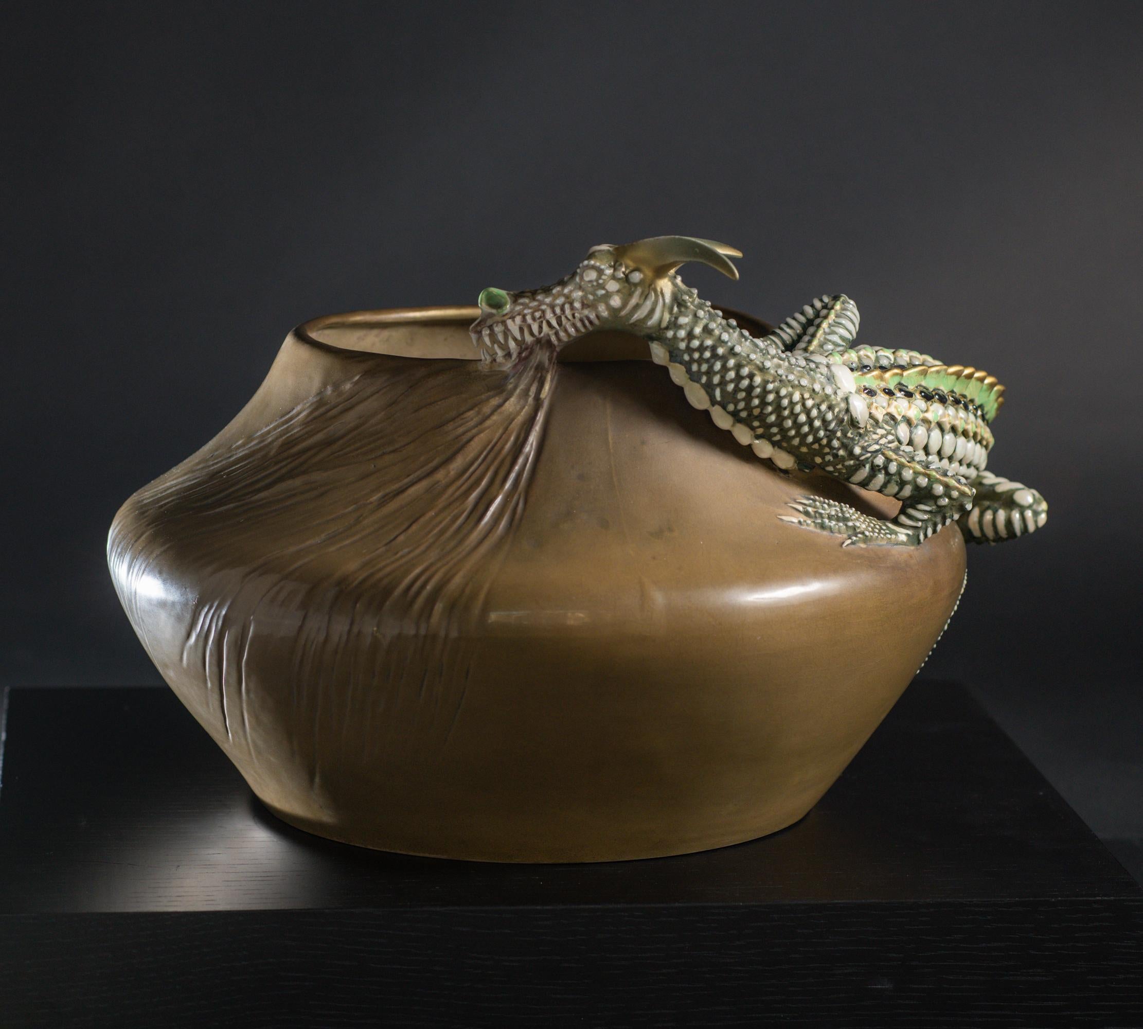Early 20th Century Monumental Amphora Art Nouveau Bowl w/Saurian by Eduard Stellmacher & Co. For Sale