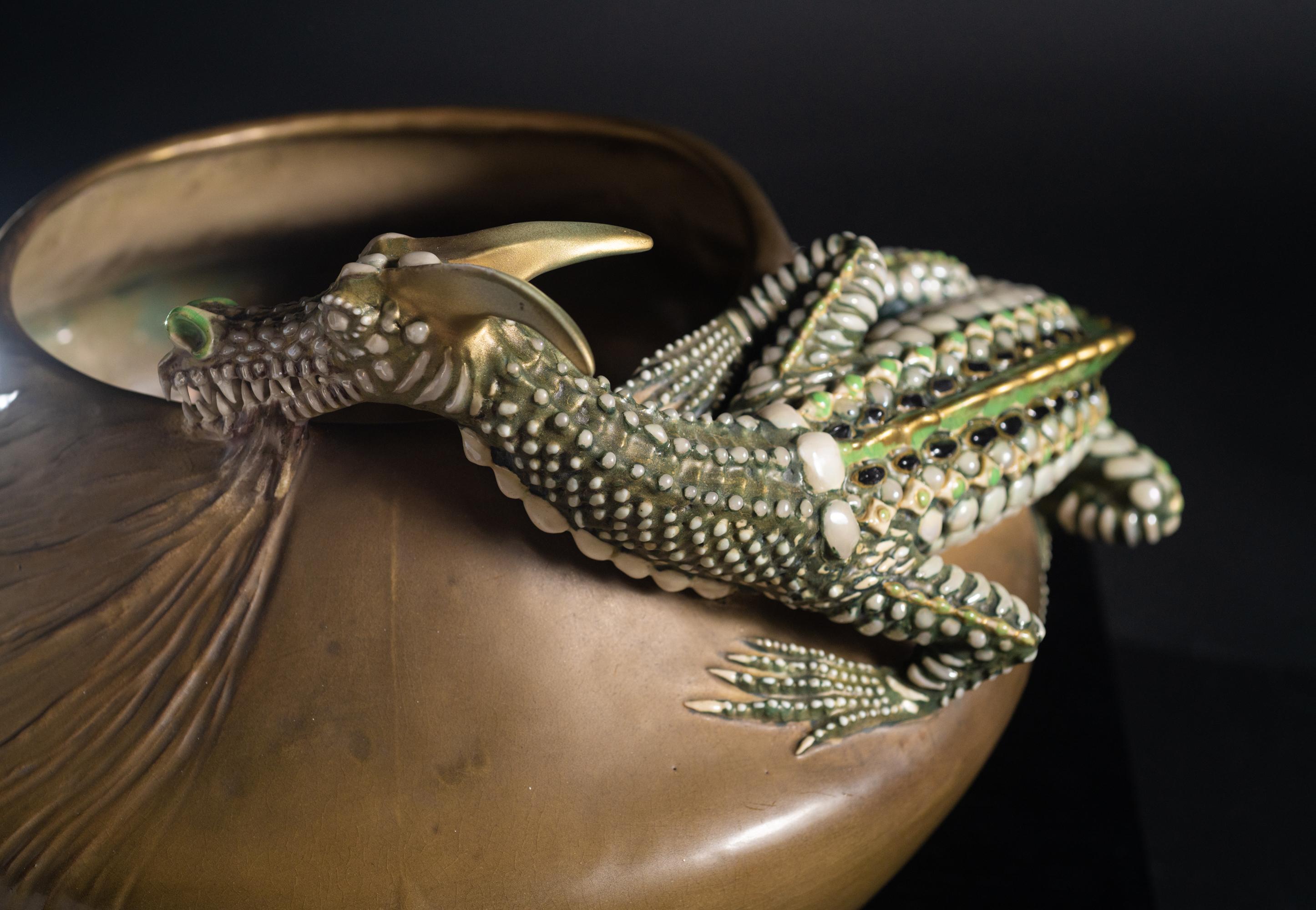 Earthenware Monumental Amphora Art Nouveau Bowl w/Saurian by Eduard Stellmacher & Co. For Sale