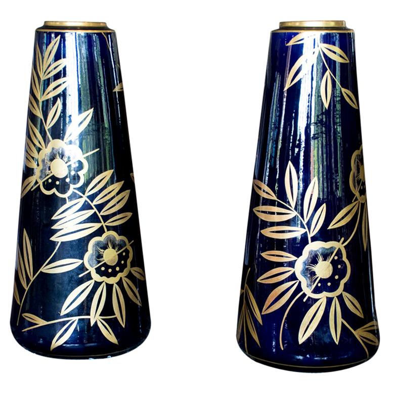 Monumental Art Nouveau Cobalt Blue and Gold Vases by Gustave Asch, Pair