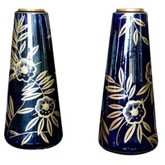 Paire de vases monumentaux Art Nouveau bleu cobalt et or de Gustave Asch