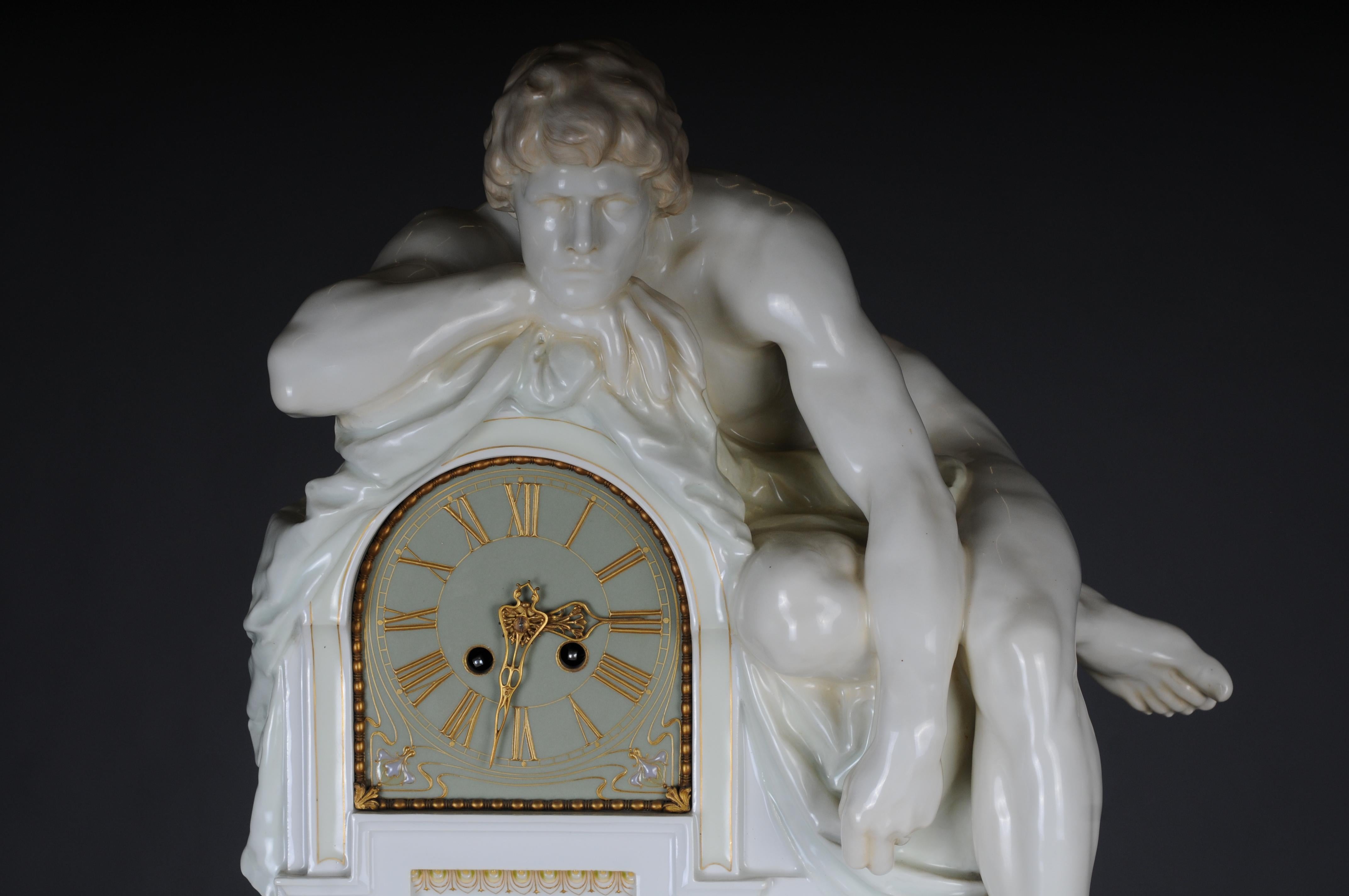 Monumental Art Nouveau mantel clock with enamel and soft painting. 62 cm For Sale 3