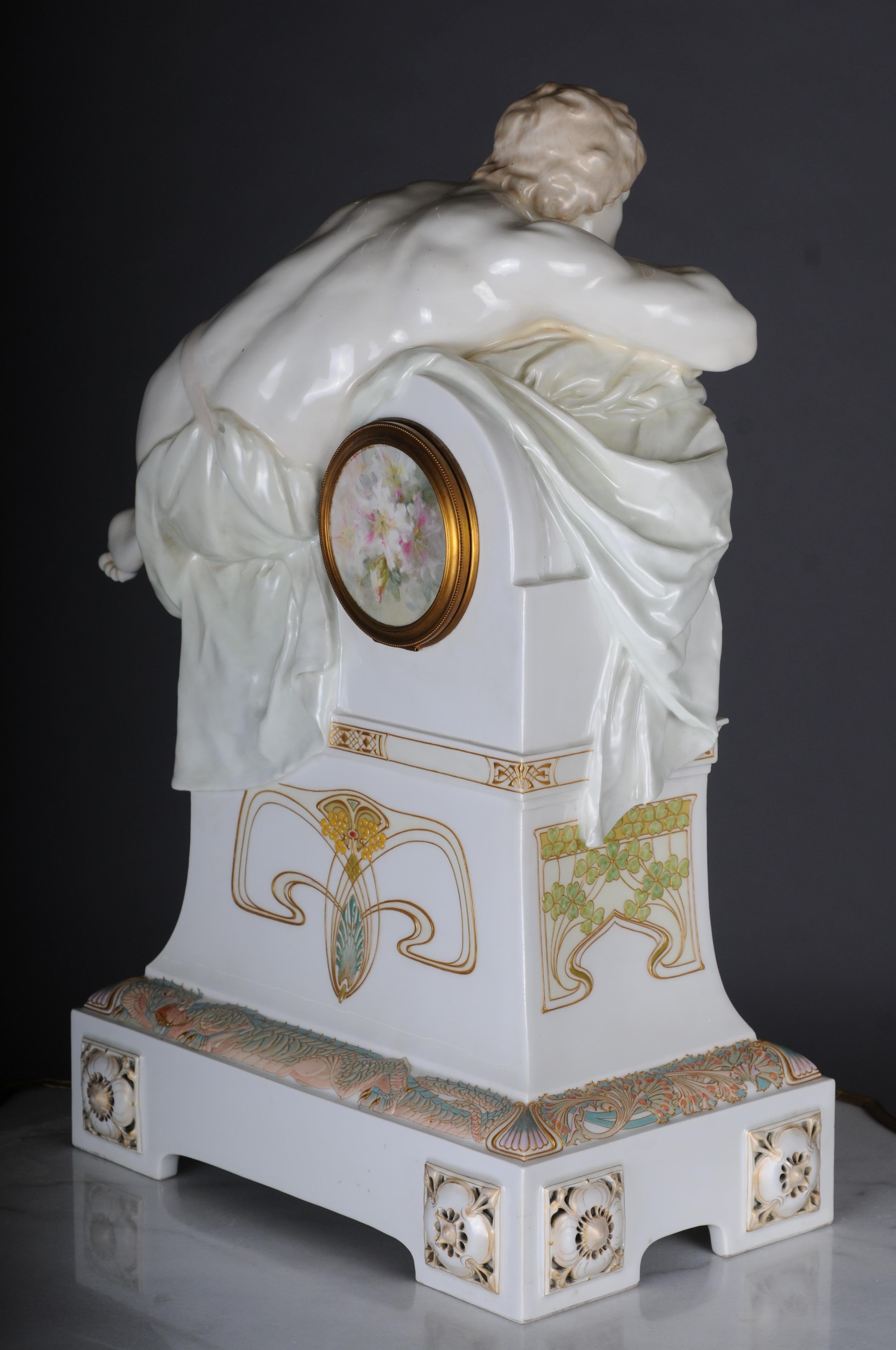 Monumental Art Nouveau mantel clock with enamel and soft painting. 62 cm In Good Condition For Sale In Berlin, DE