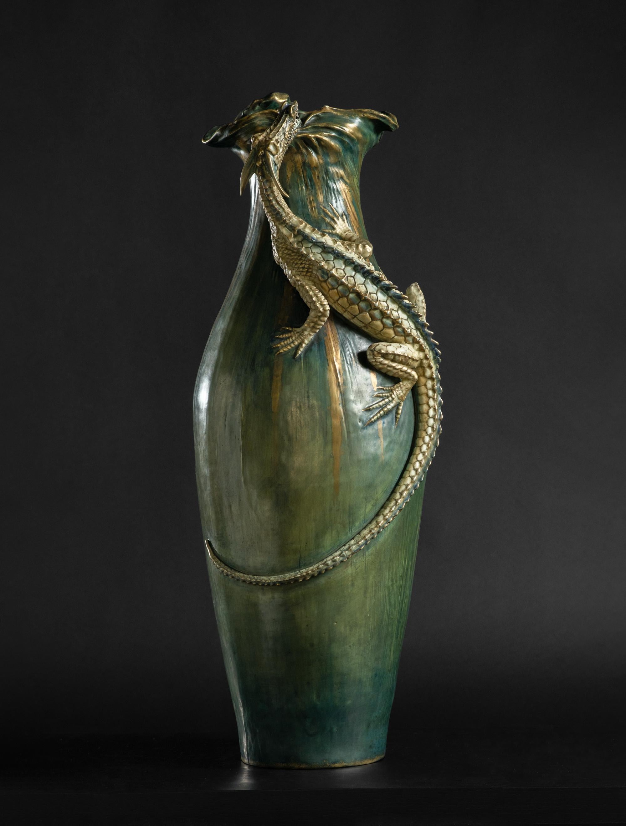 Austrian Monumental Amphora Art Nouveau Vase w/Saurian by Eduard Stellmacher & Co. For Sale