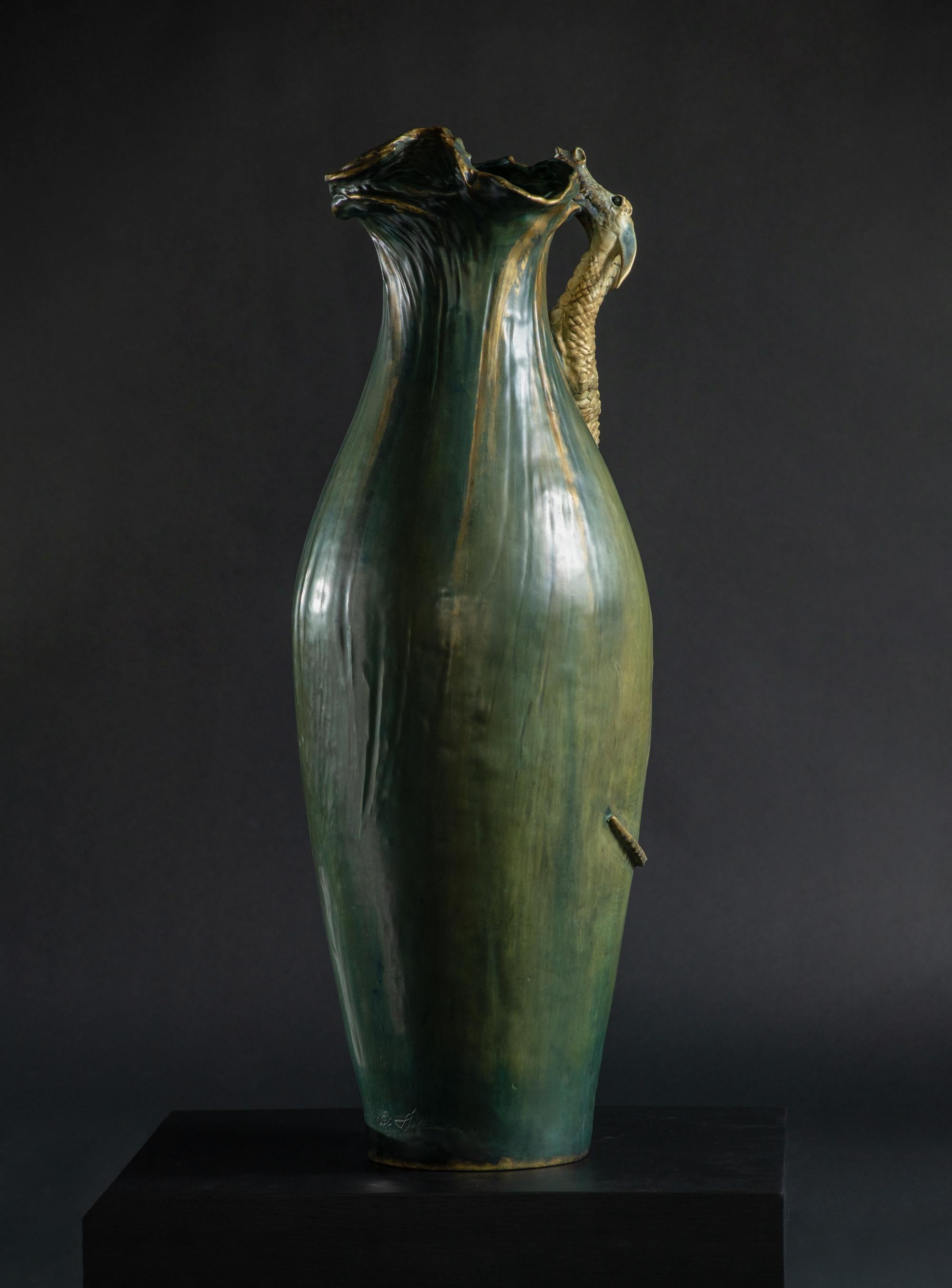 Glazed Monumental Amphora Art Nouveau Vase w/Saurian by Eduard Stellmacher & Co. For Sale