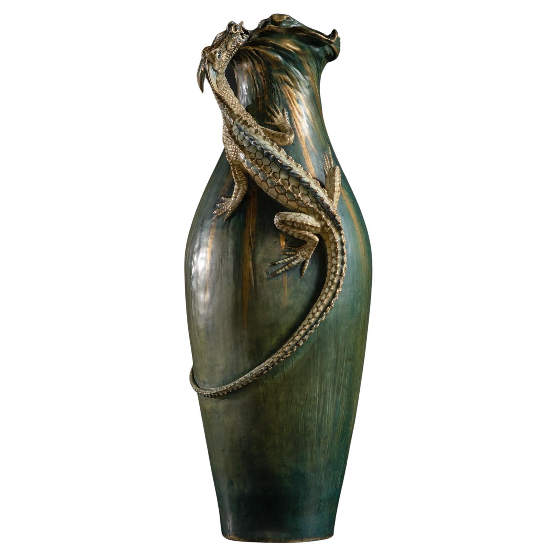 Monumental Amphora Art Nouveau Vase w/Saurian by Eduard Stellmacher & Co. For Sale
