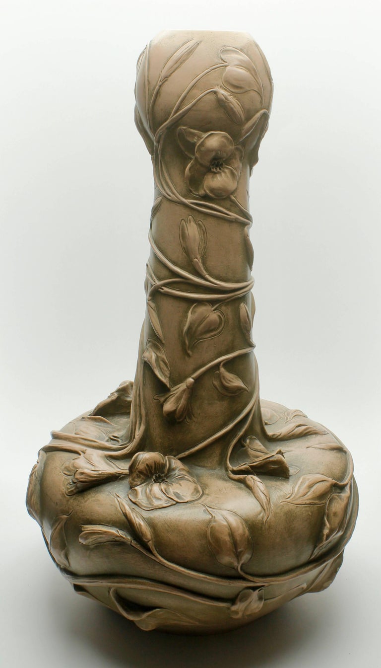 French Monumental Art Nouveau Vase with Figural Flowers in the Style of Royal Dux For Sale