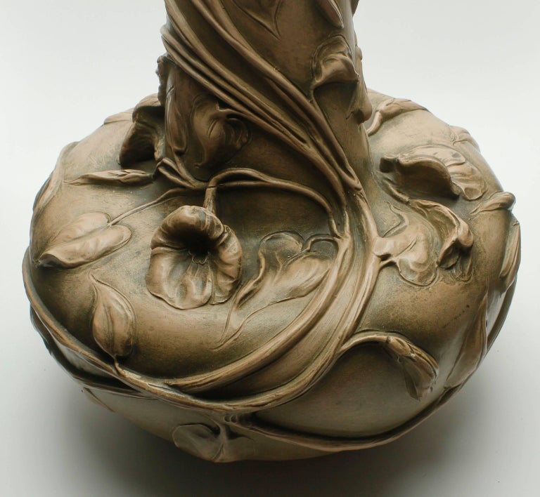 Ceramic Monumental Art Nouveau Vase with Figural Flowers in the Style of Royal Dux For Sale