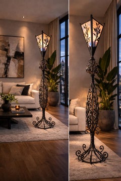 Monumental Art Nouveau Wrought Iron Grapevine Floor Lamp, Signed Van Brandt