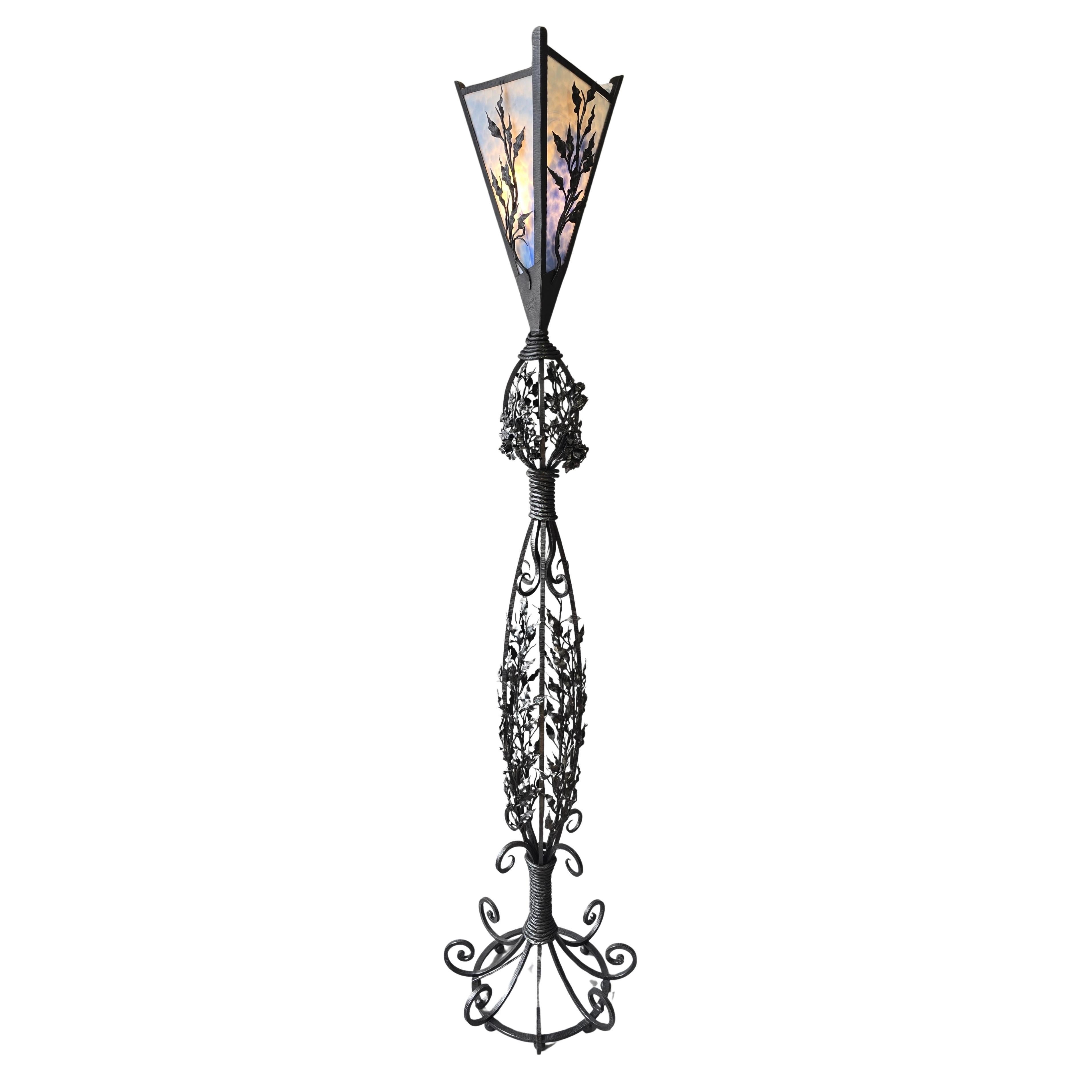 Monumental Art Nouveau Wrought Iron Grapevine Floor Lamp, Signed Van Brandt