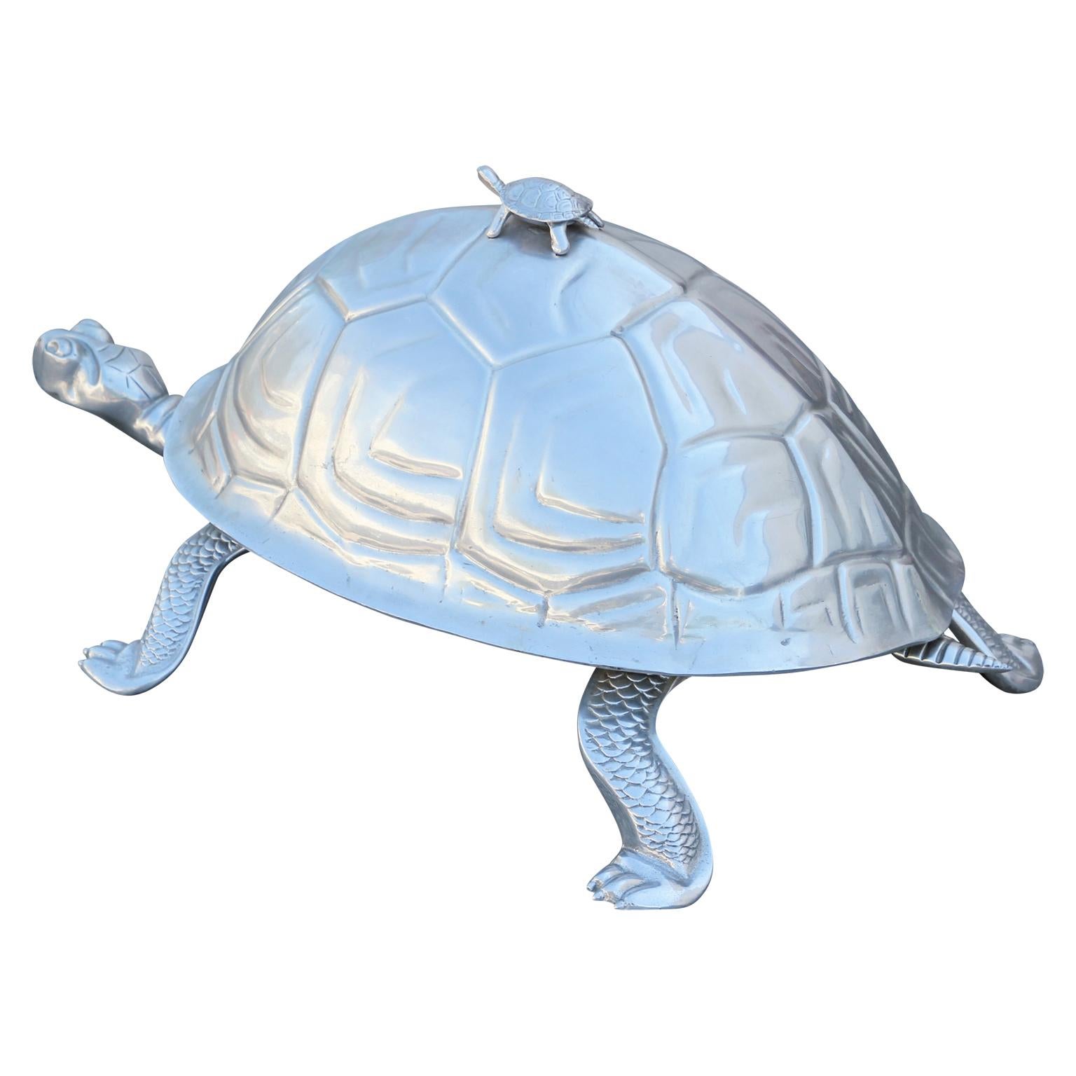 Monumental aluminum turtle / tortoise serving platter by the designer Arthur Court. There is a carved wooden tray inside that is removable. Stunning centerpiece for any room.