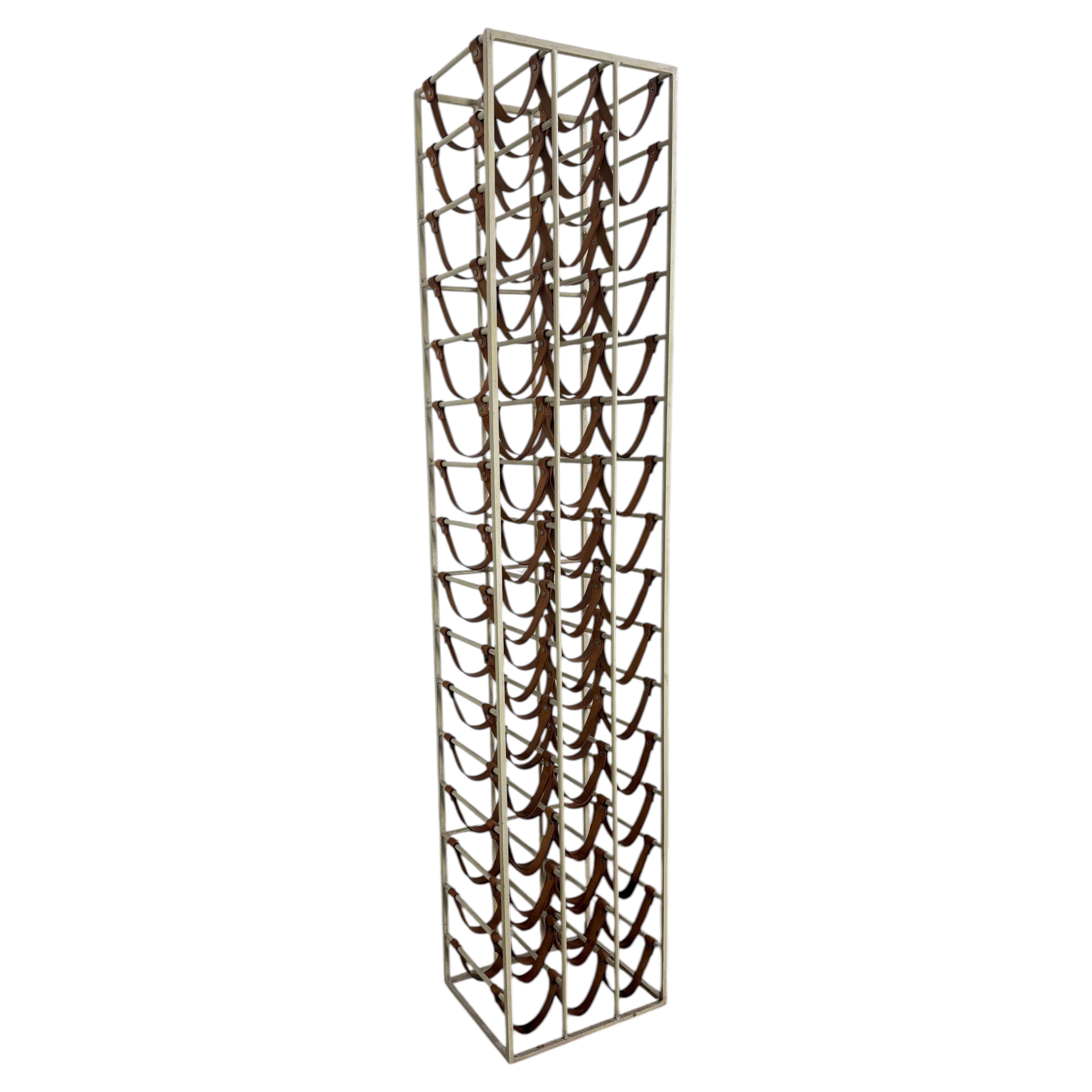Monumental Arthur Umanoff Attributed Iron and Saddle Leather Wine Rack, 1960s For Sale
