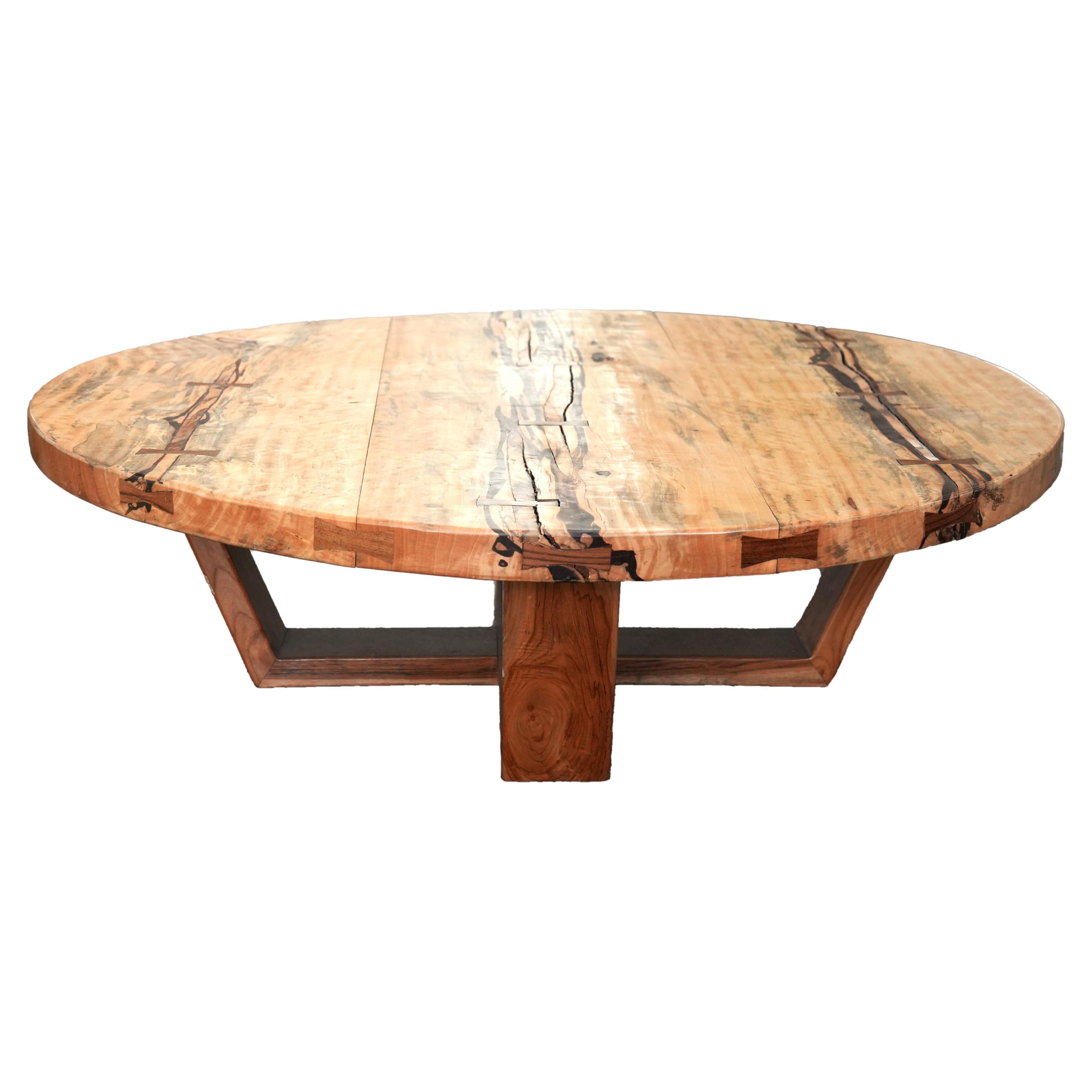 Monumental Artisan-Crafted Mixed Wood Round Coffee Table For Sale