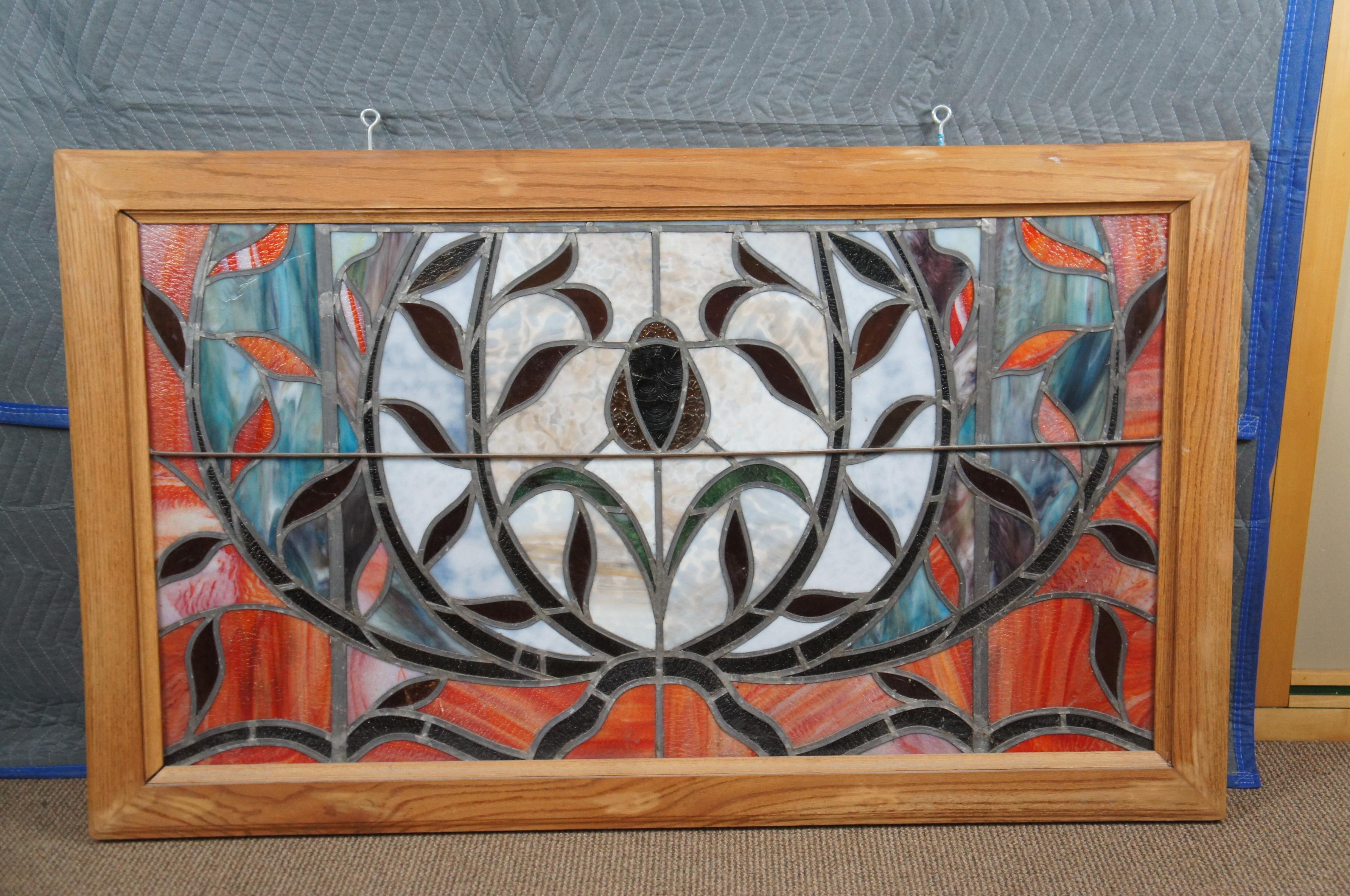 Monumental Arts & Crafts Leaded Stained Glass Transom Window Hanging Panel For Sale 2