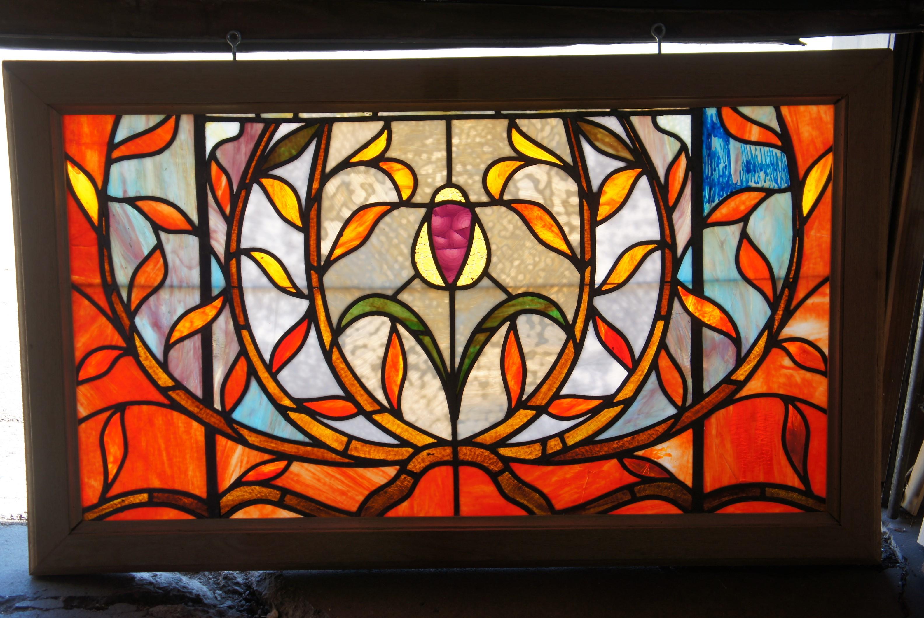 Américain Monumental Arts & Crafts Plombé Vitrail Fenêtre d'imposte Panneau à suspendre