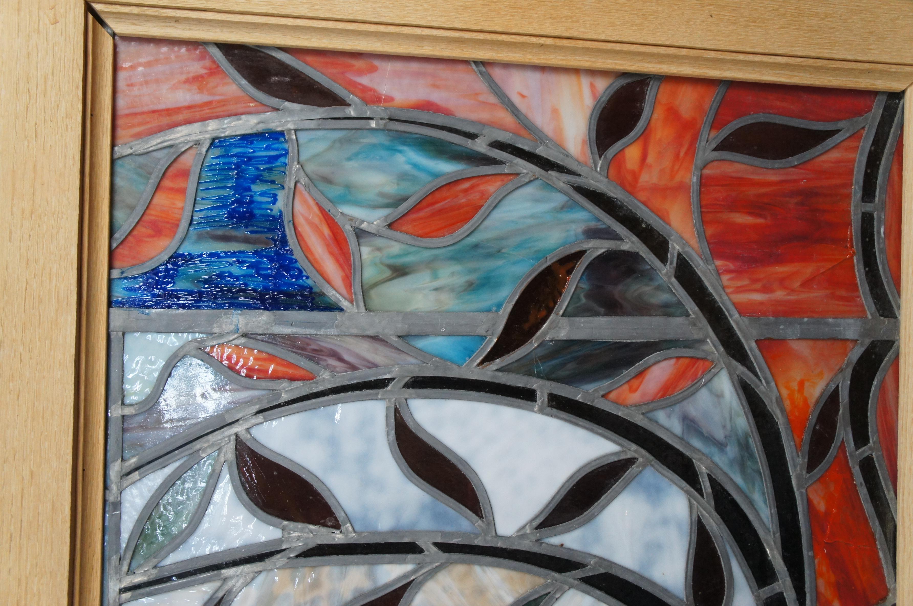 Monumental Arts & Crafts Leaded Stained Glass Transom Window Hanging Panel In Good Condition For Sale In Dayton, OH