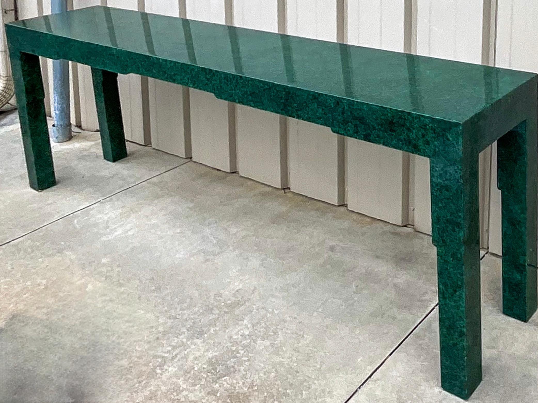 American Monumental Asian Modern James Mont Style Faux Malachite Lacquered Console Table  For Sale