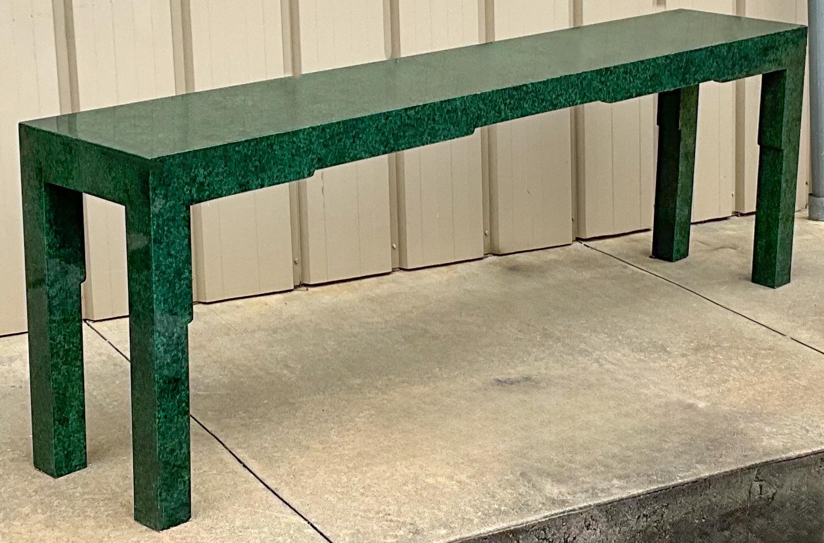 Monumental Asian Modern James Mont Style Faux Malachite Lacquered Console Table  In Good Condition For Sale In Kennesaw, GA