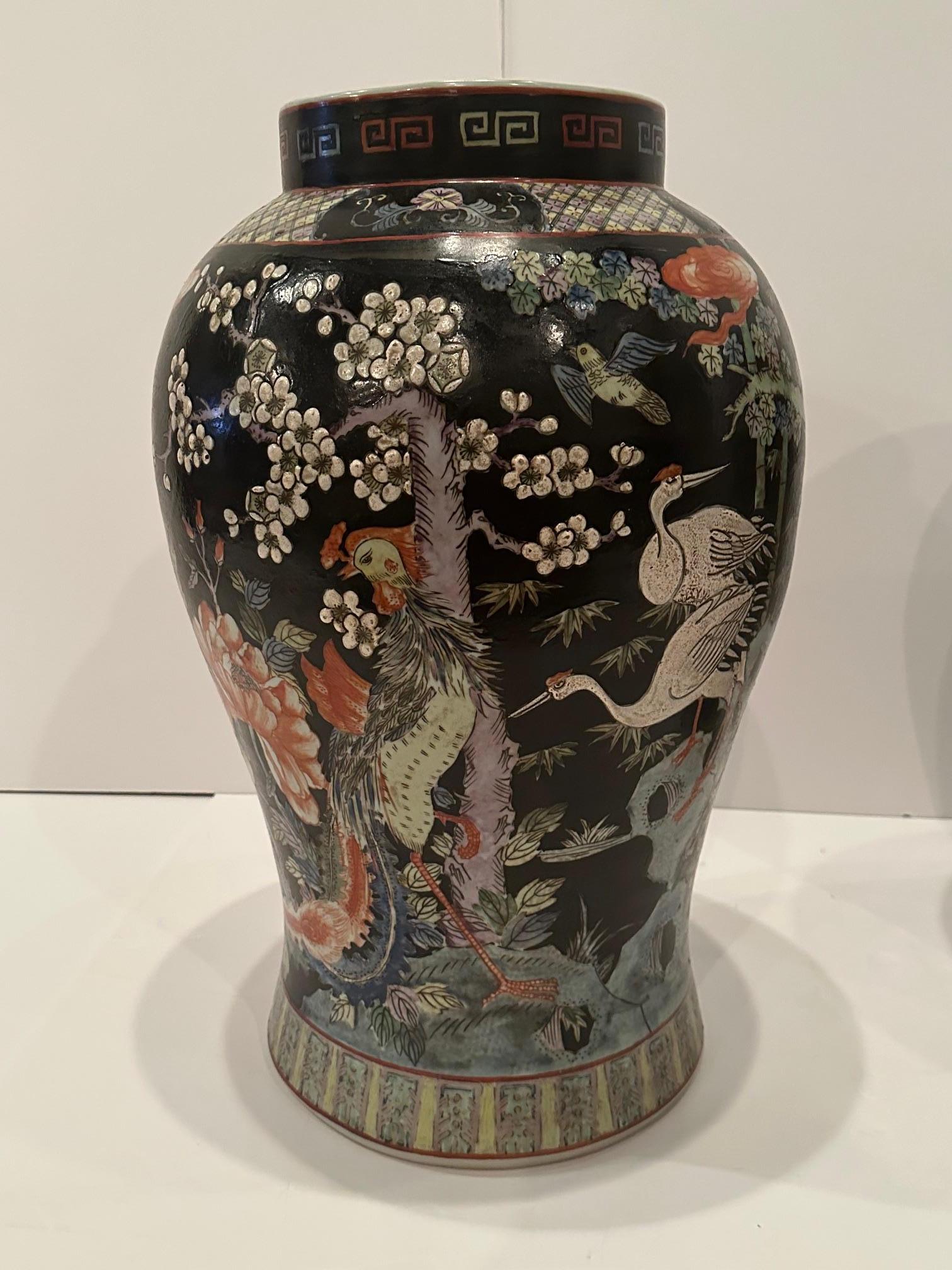 Monumental Asian Palace Jars with Foo Dog Finials and Ebonized Stands en vente 3
