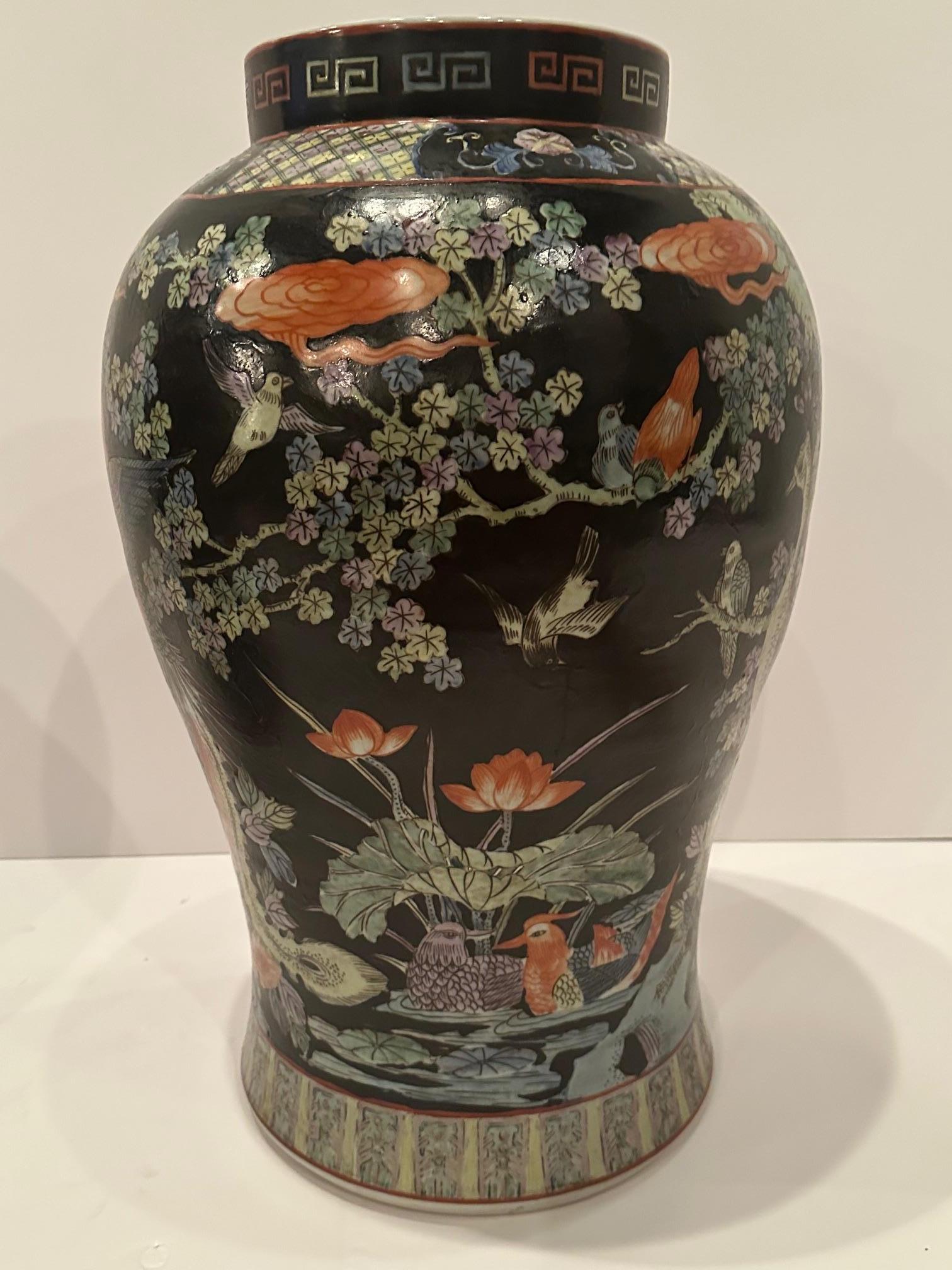Monumental Asian Palace Jars with Foo Dog Finials and Ebonized Stands en vente 6