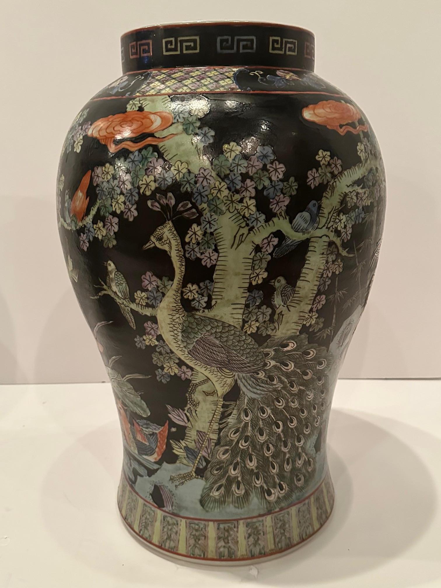 Monumental Asian Palace Jars with Foo Dog Finials and Ebonized Stands en vente 7