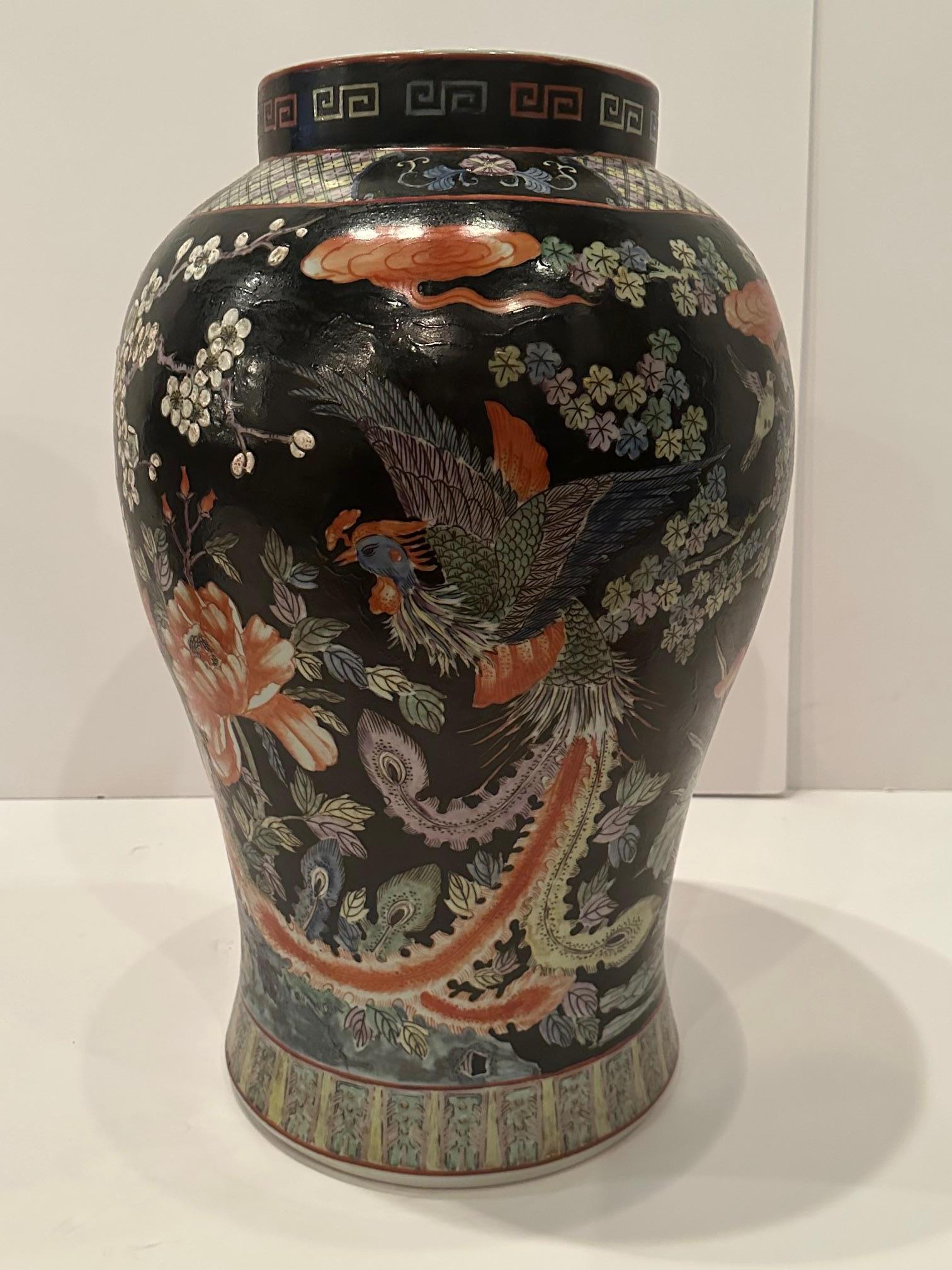 Chinese Export Monumental Asian Palace Jars with Foo Dog Finials and Ebonized Stands For Sale