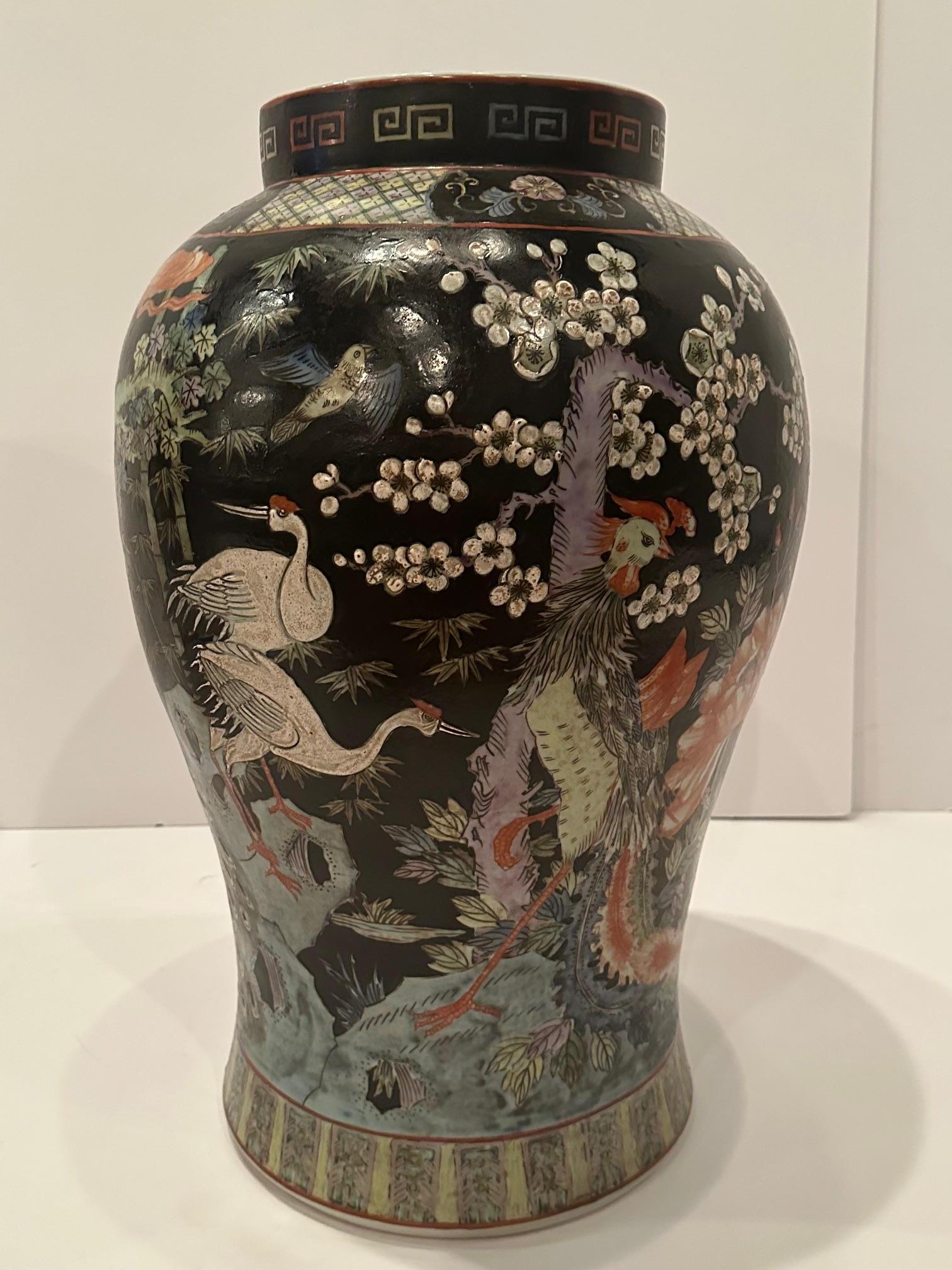 Chinois Monumental Asian Palace Jars with Foo Dog Finials and Ebonized Stands en vente