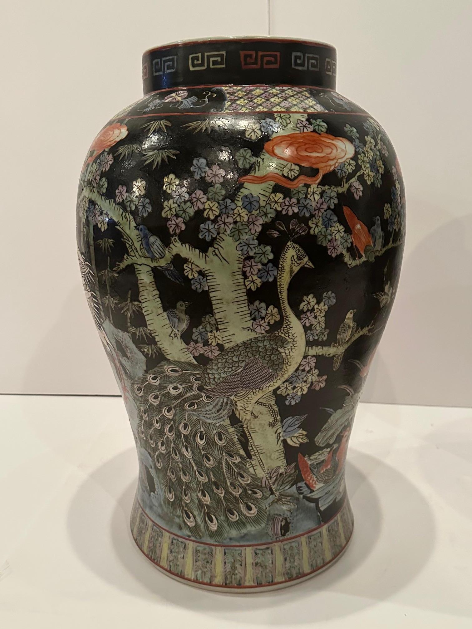 Monumental Asian Palace Jars with Foo Dog Finials and Ebonized Stands en vente 2
