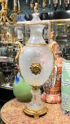 Monumental Baccarat style Crystal and Gilt Bronze Vase with Cover