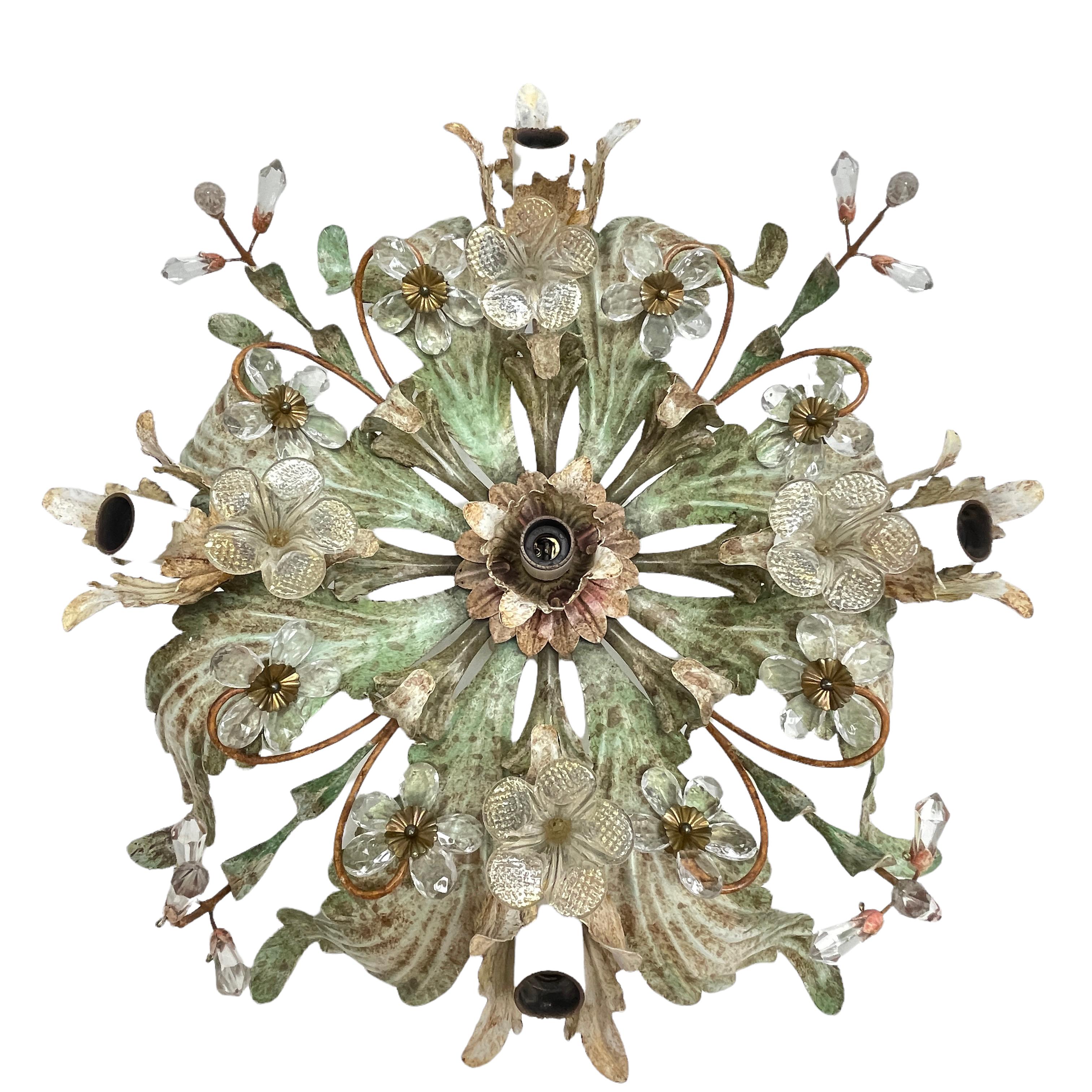 Add a touch of opulence to your home with this charming flush mount light. Perfect stunning gilt acanthus leaf design with clear and gold flake Murano glass flowers and crystal Murano glass leaves on fine stems, to enhance any chic or eclectic home.