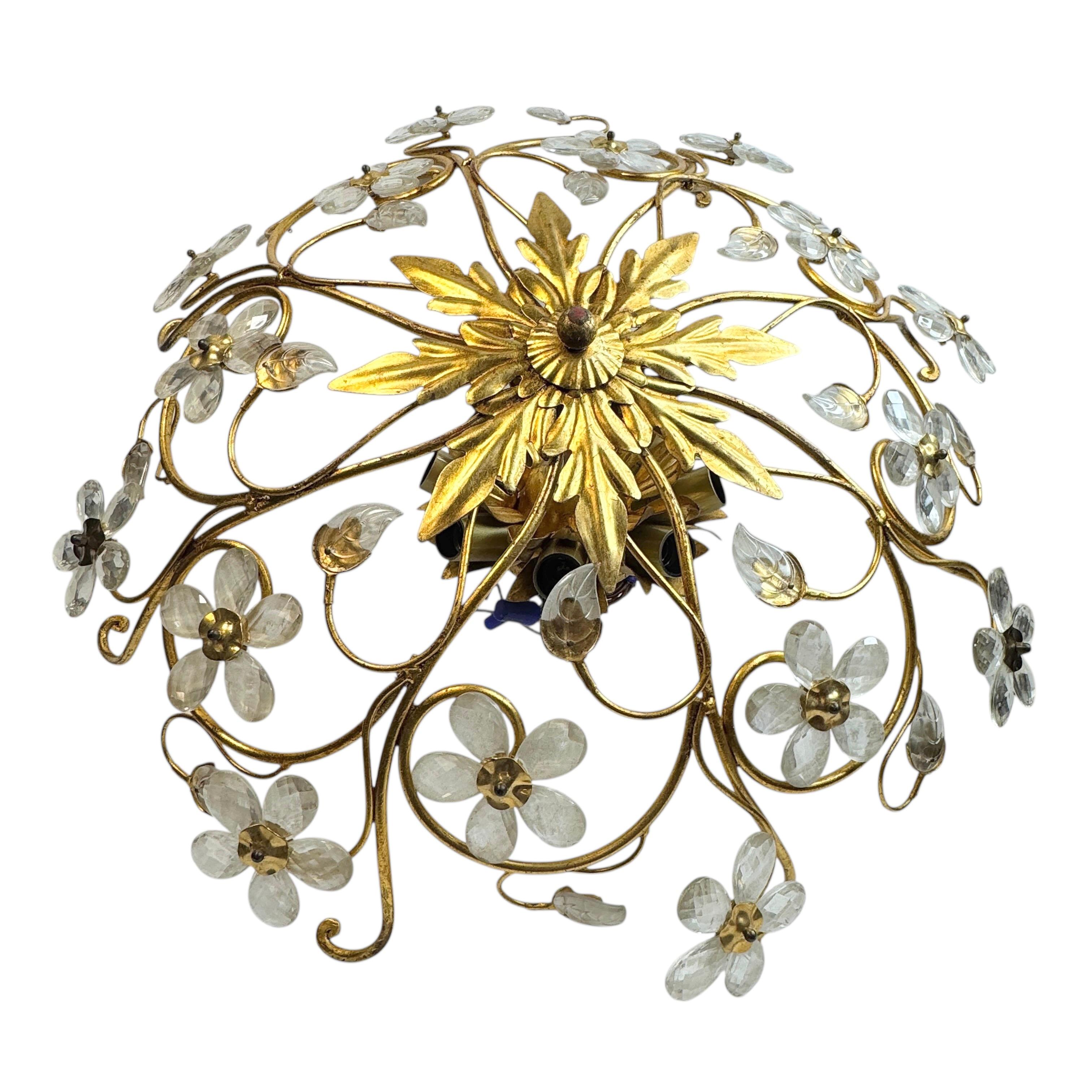Monumental Banci Firenze Florentine Murano Glass Flush Mount Tole Toleware Gilt For Sale 2