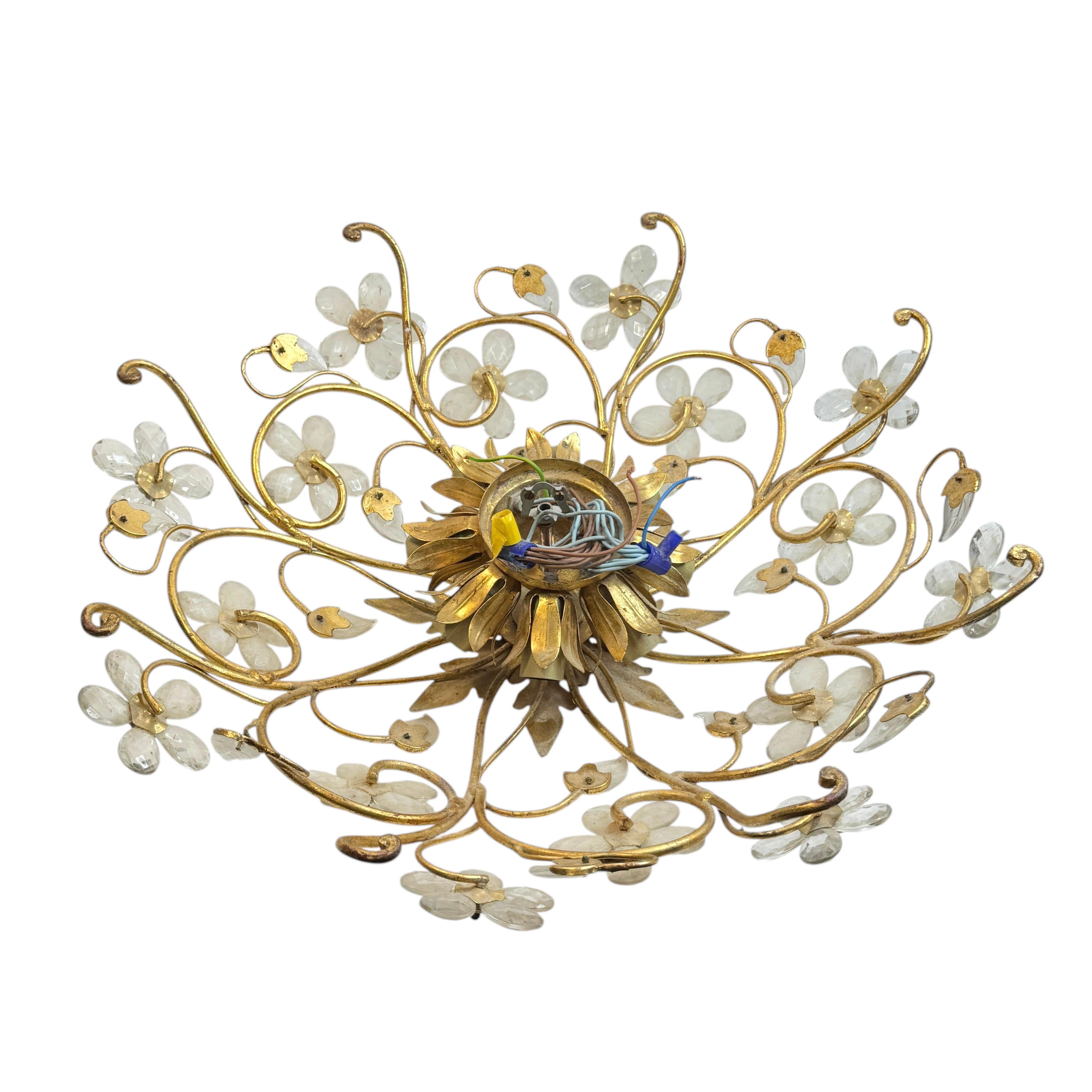 Monumental Banci Firenze Florentine Murano Glass Flush Mount Tole Toleware Gilt For Sale 3