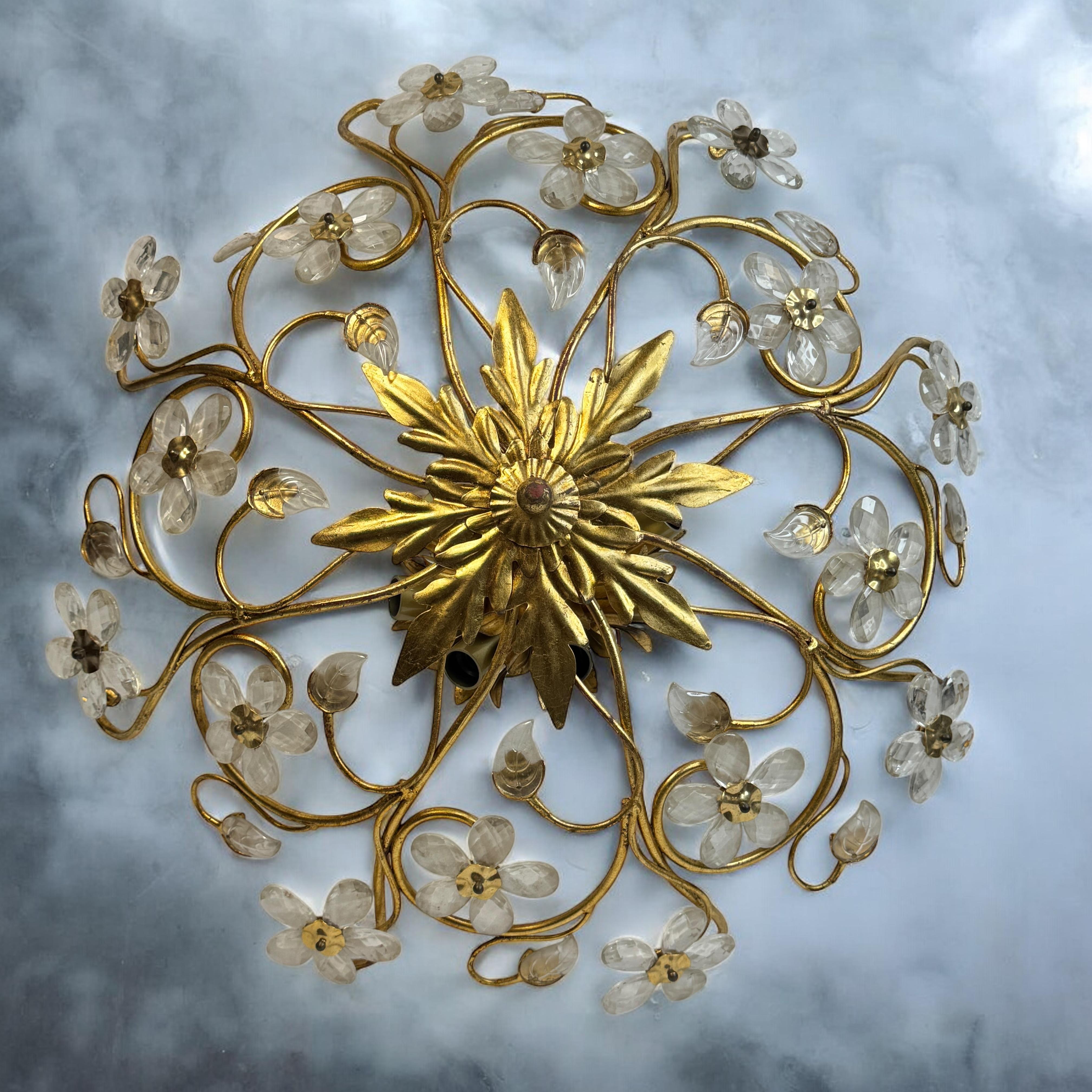 Monumental Banci Firenze Florentine Murano Glass Flush Mount Tole Toleware Gilt For Sale 4
