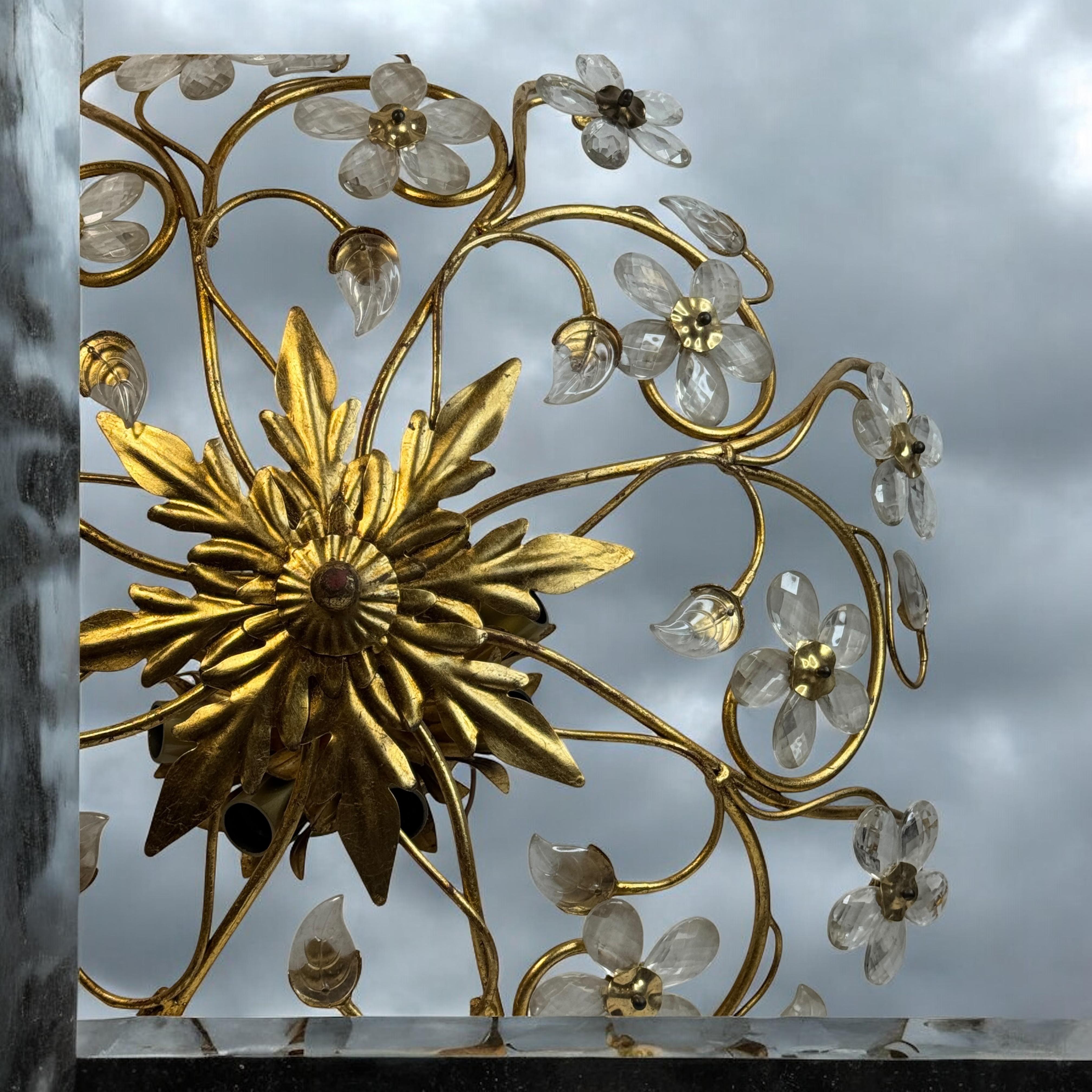 Monumental Banci Firenze Florentine Murano Glass Flush Mount Tole Toleware Gilt For Sale 6