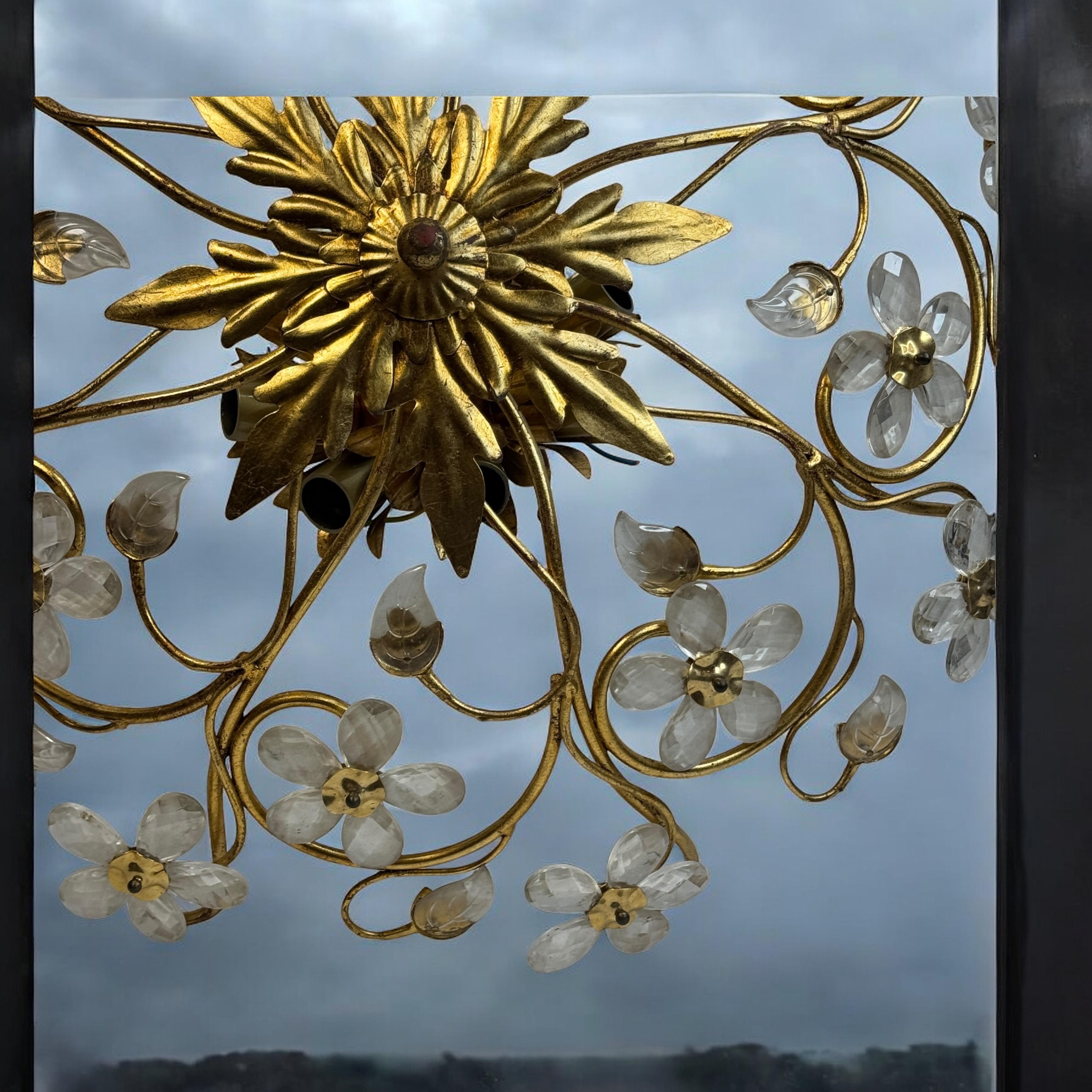 Monumental Banci Firenze Florentine Murano Glass Flush Mount Tole Toleware Gilt For Sale 8