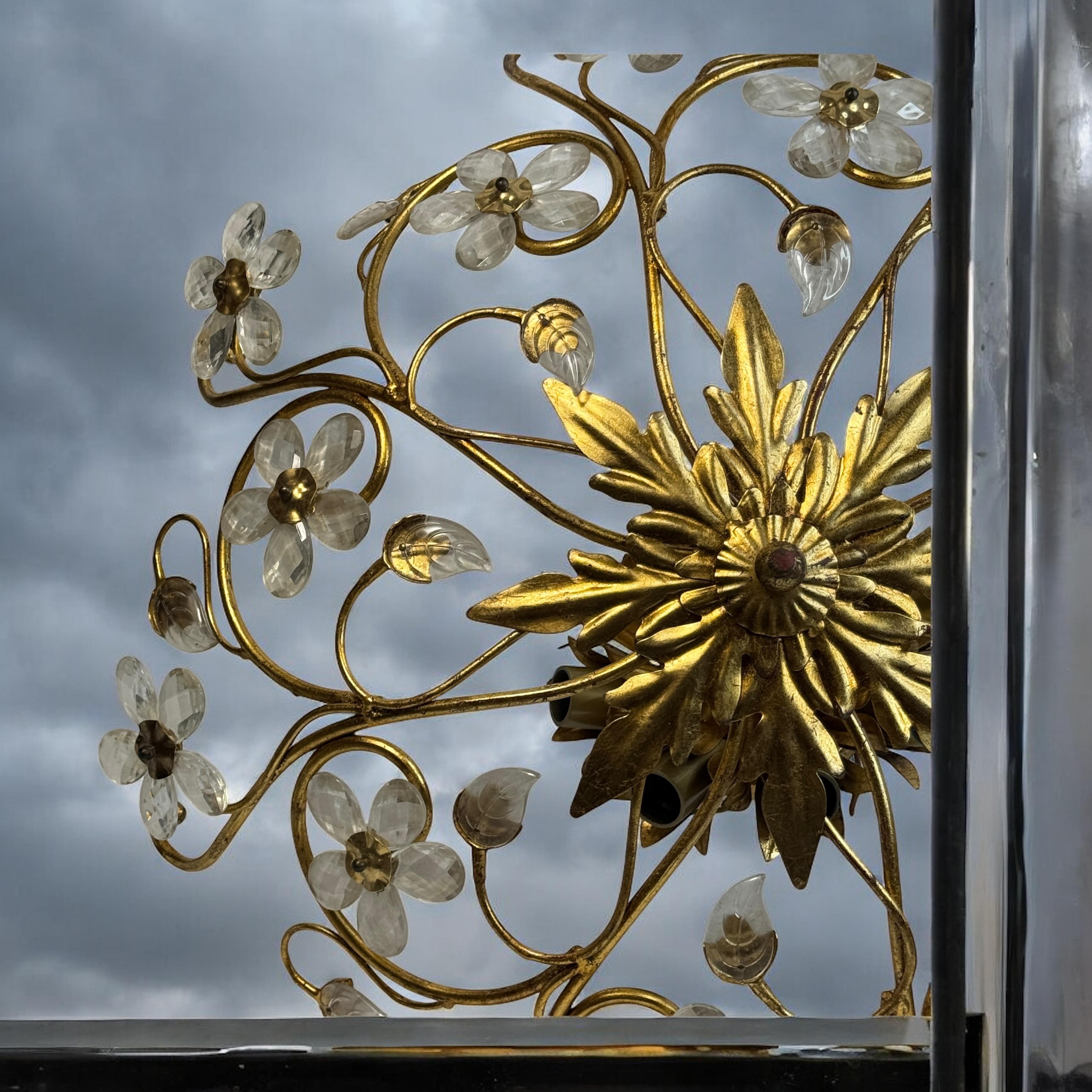 Monumental Banci Firenze Florentine Murano Glass Flush Mount Tole Toleware Gilt For Sale 9