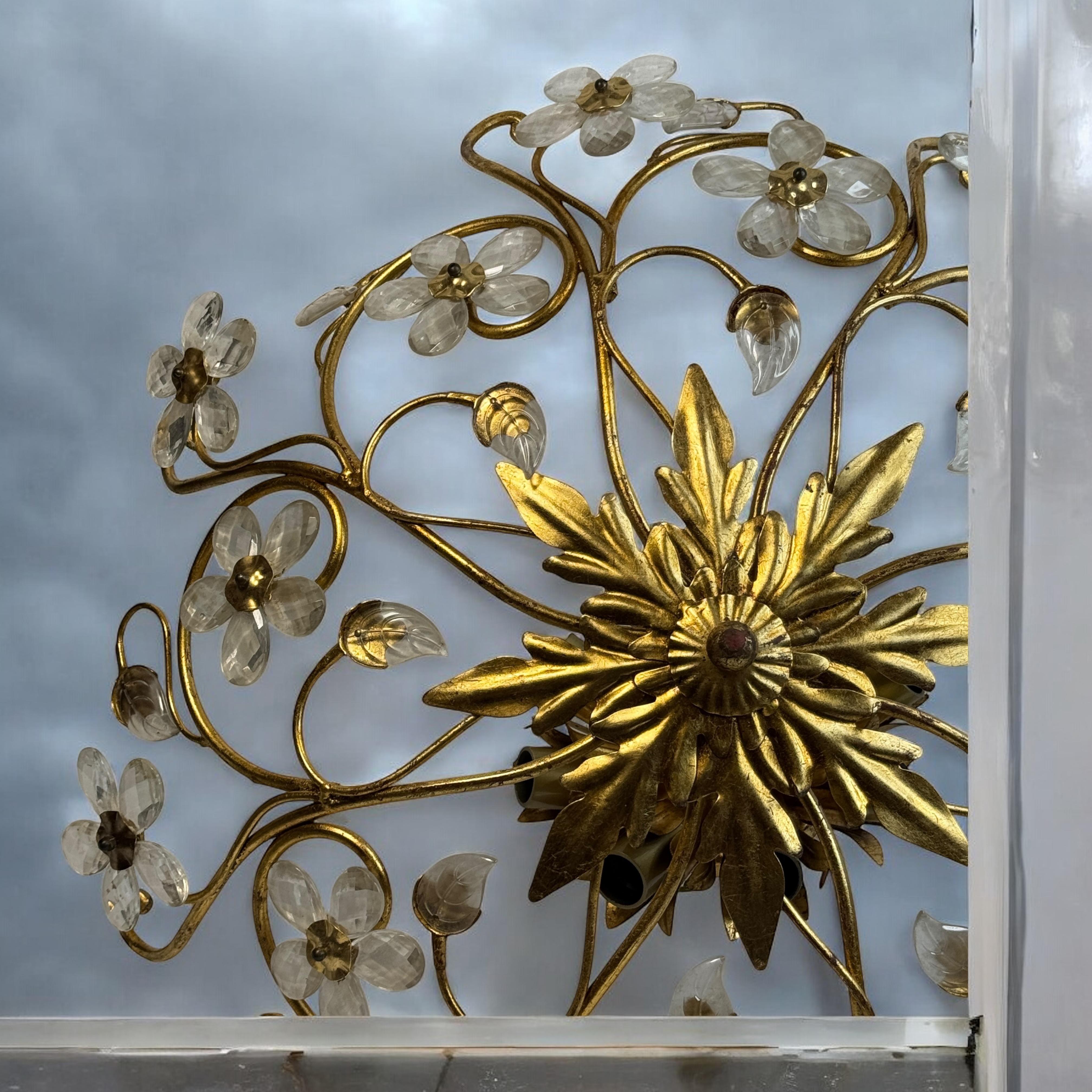 Monumental Banci Firenze Florentine Murano Glass Flush Mount Tole Toleware Gilt For Sale 10