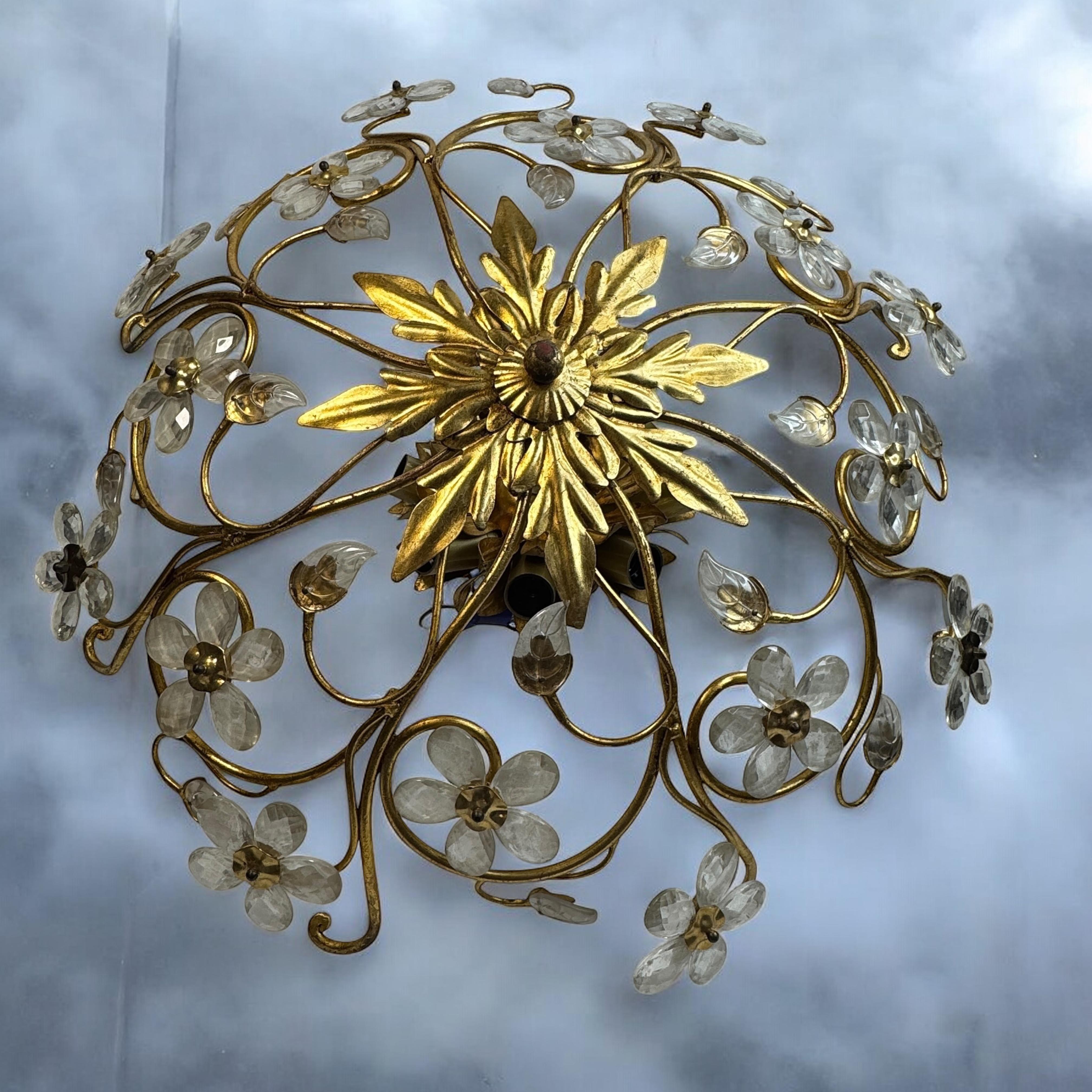 Monumental Banci Firenze Florentine Murano Glass Flush Mount Tole Toleware Gilt For Sale 12