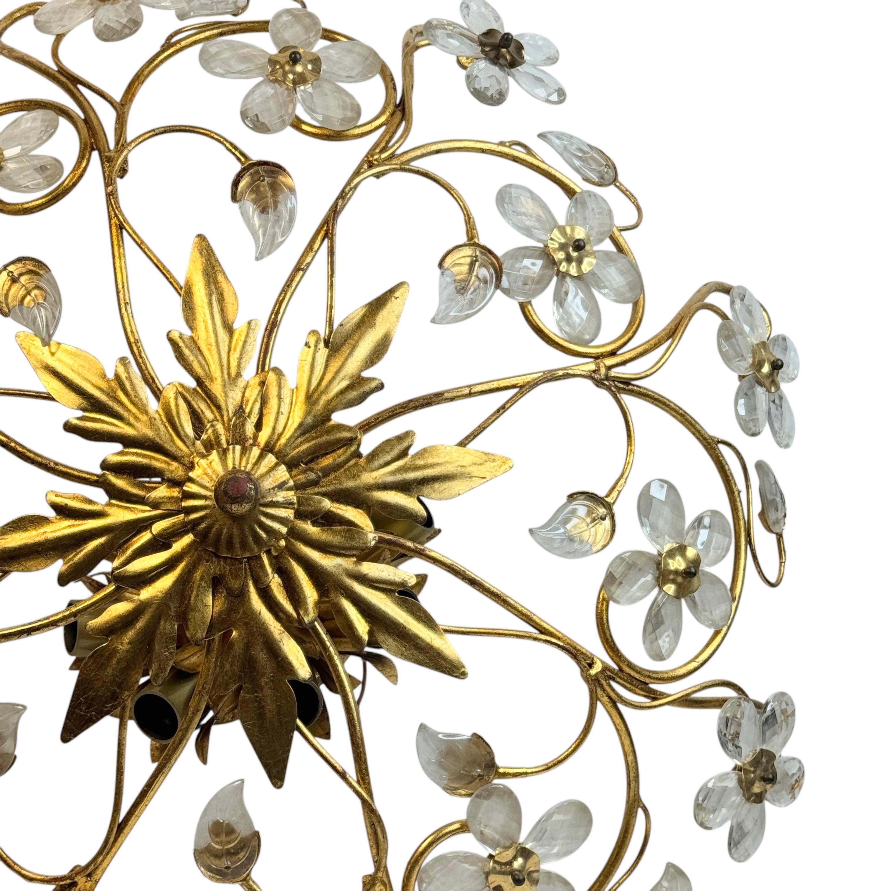 Hollywood Regency Monumental Banci Firenze Florentine Murano Glass Flush Mount Tole Toleware Gilt For Sale